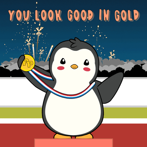A penguin jumping with a medal