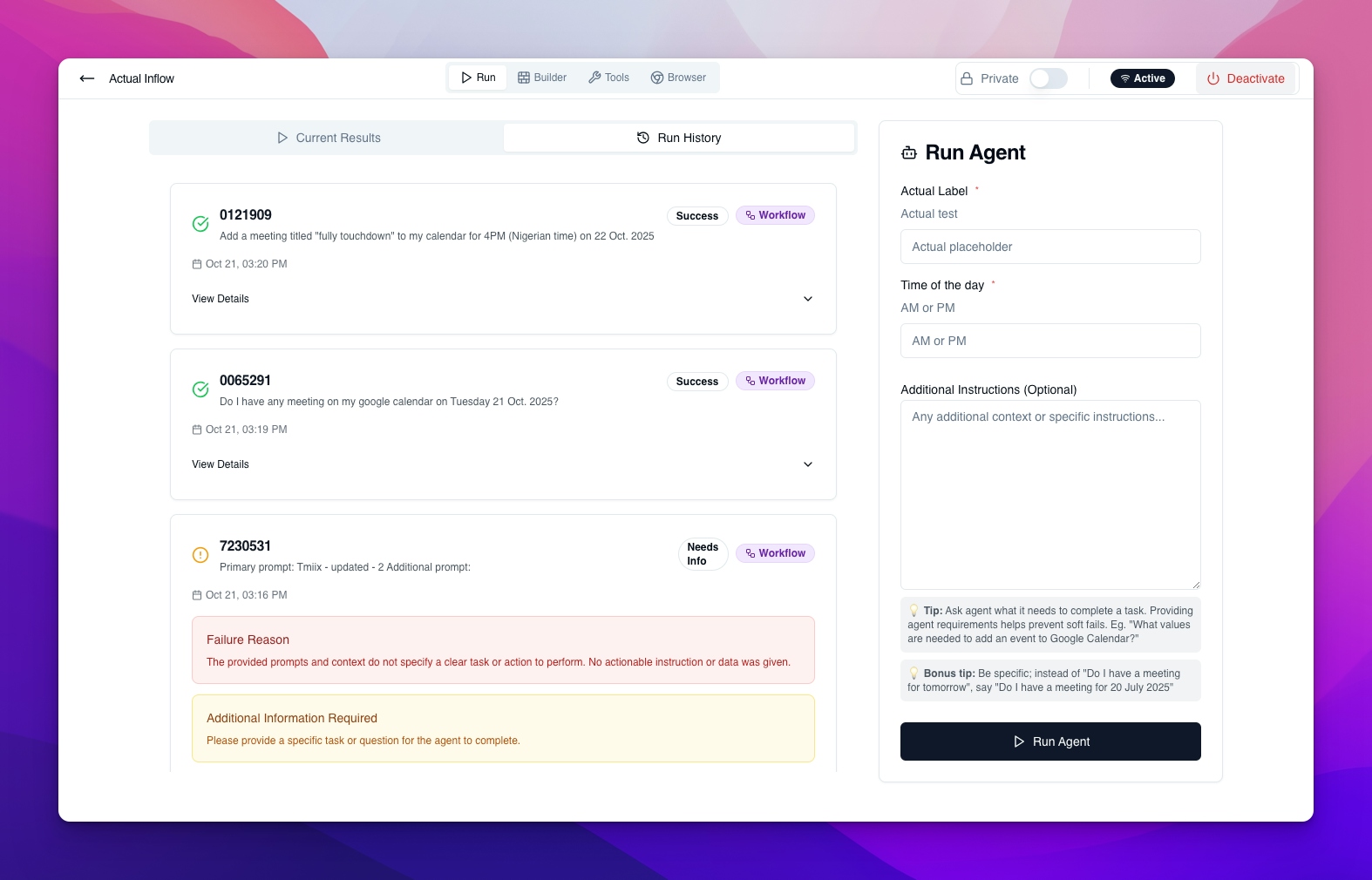 Run AI agent on workbird