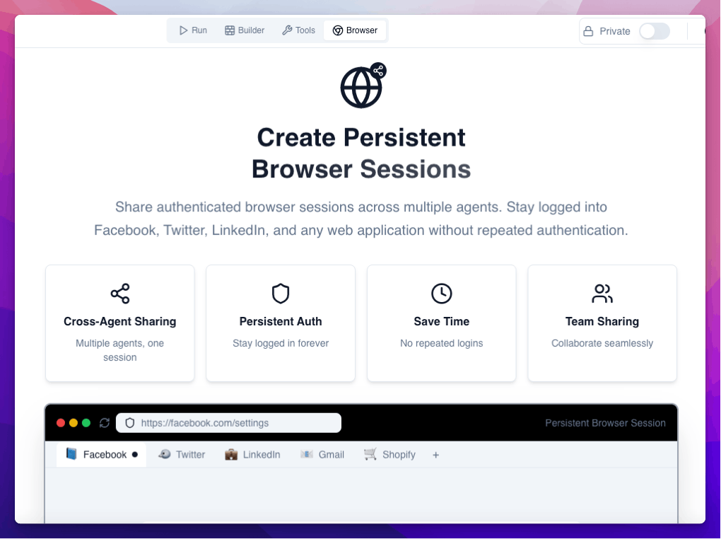 Persistent browser for AI agent on workbird