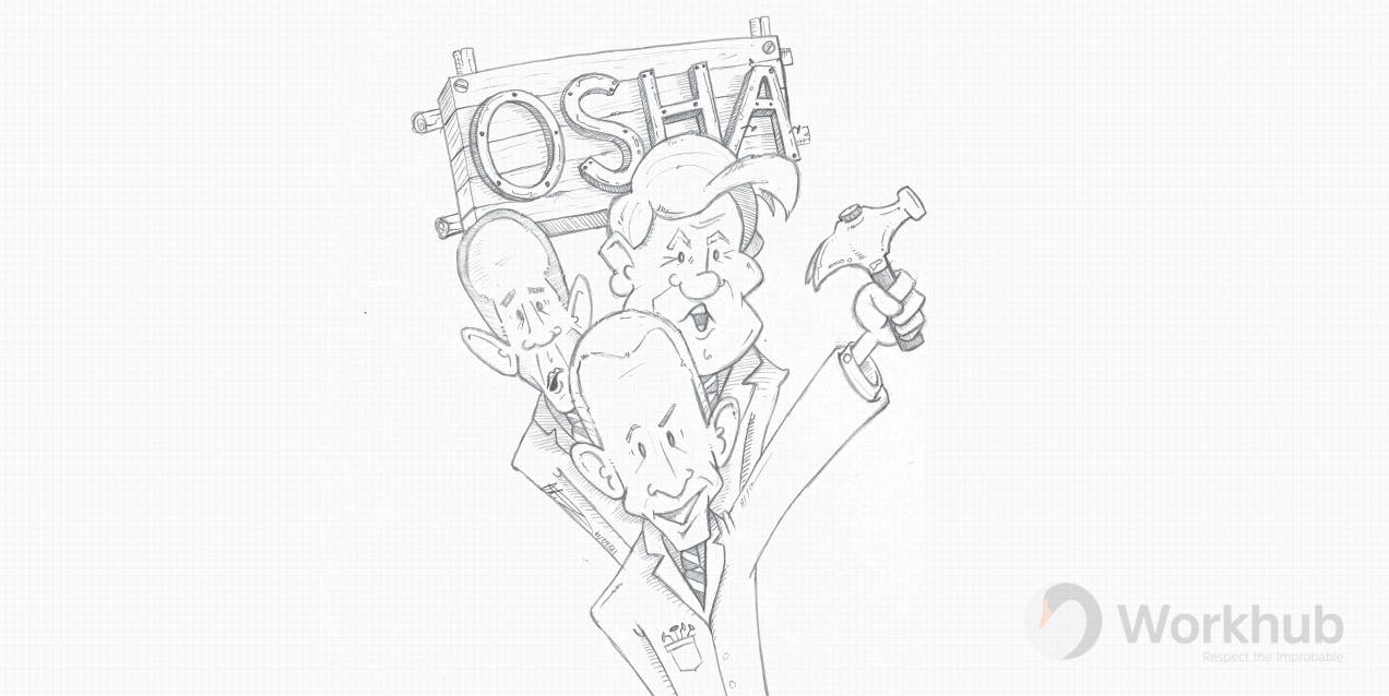A cartoon of Obama, Trump and Joe Biden standing under a nailed board with OSHA on it.