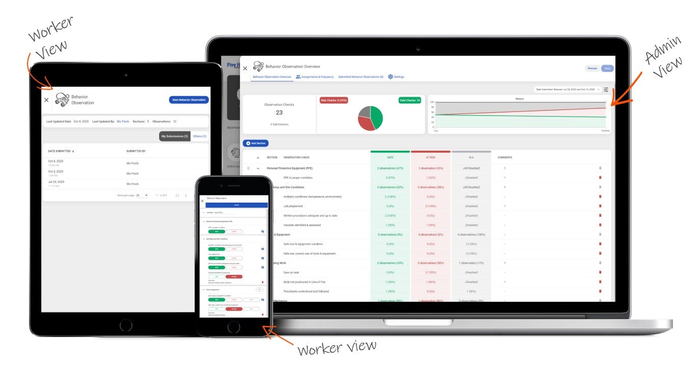 Screen views of Behavior Based Safety Component on a mobile tablet and laptop