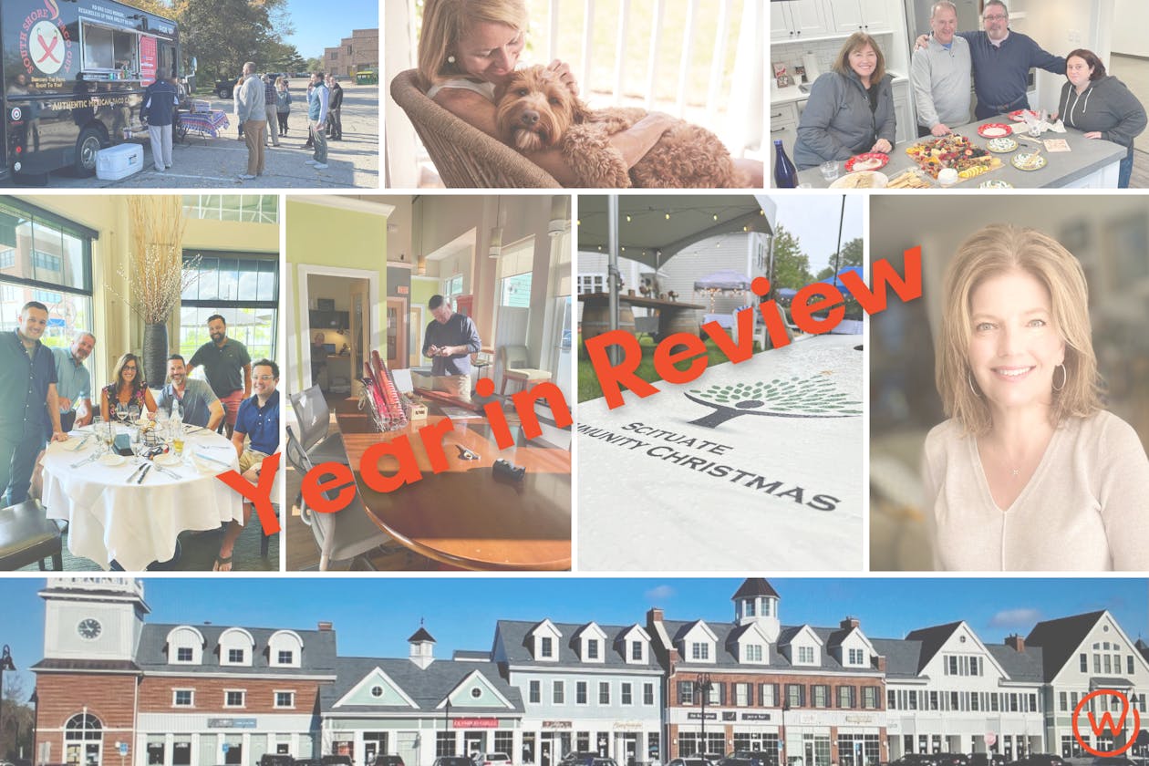 Various images from the year. Top Row: Workspace@Shipyard members ordering from South Shore Taco Guy, Workspace Member Carol Bramson of Side By Side Pet, Workspace Members Diane McLevedge, Joe Desmond, Rob Doonan, and Rebecca Baldassari; Middle Row: Workspace Members at Alma Nove, Gift Wrap Station in use, Scituate Community Christmas Cornhole Tournament, Work Station Community Manager, Kerry Theodore; Bottom Row: Work Station - Cohasset