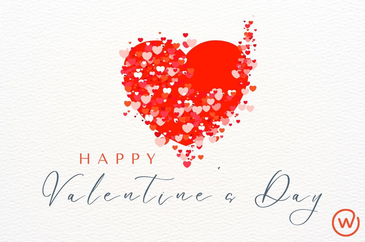 Hearts with "Happy Valentine's Day"message and small Workspace logo.