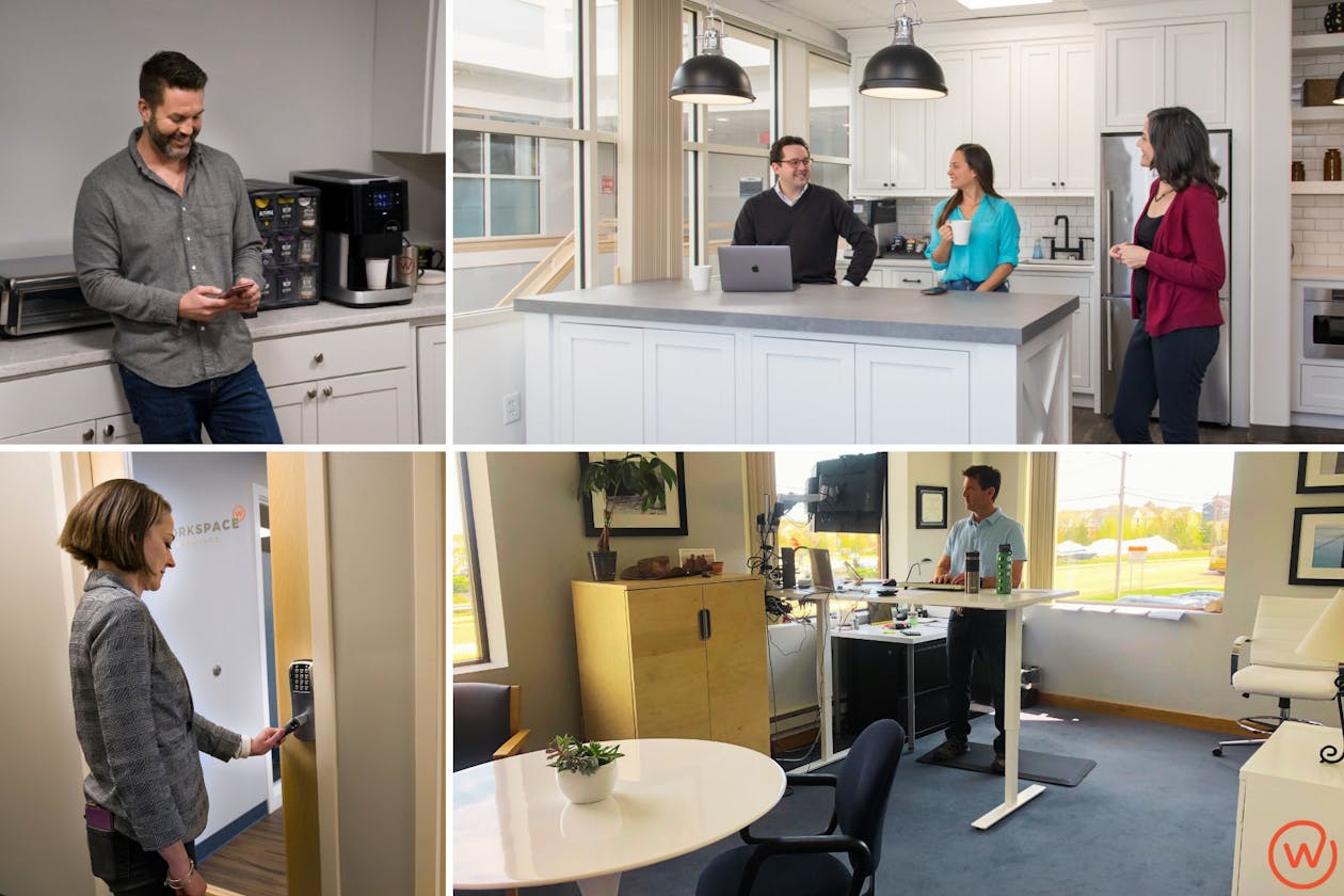 Various images of Workspace members standing. Clockwise from top left: male looking at his phone, one male and two females chatting in a kitchen, a male working at a standing desk, and a female walking into a Workspace suite.