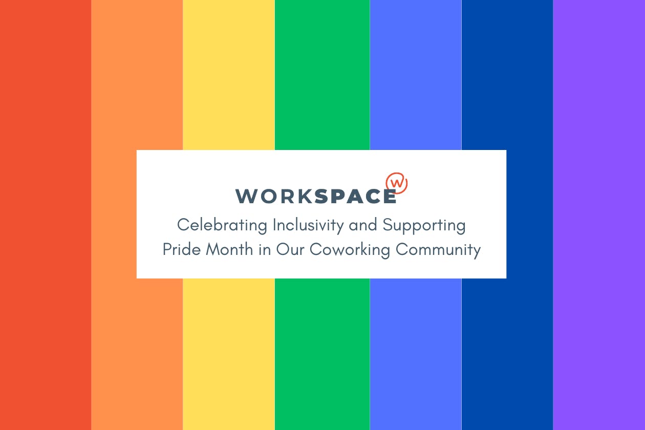 Pride rainbow stripes with text box that reads: Celebrating Inclusivity and Supporting Pride Month in Our Coworking Community