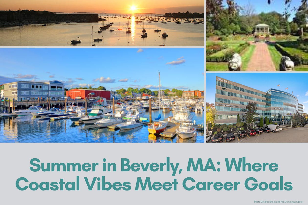 photos of Beverly, MA including a sunset with boats in the harbor, Lynch Park, and 500 Cummings Center