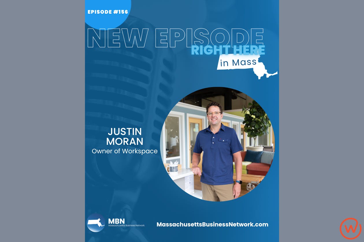 An image of Workspace owner, Justin Moran, for his feature on the Massachusetts Business Network Podcast, RIGHT HERE in Mass.