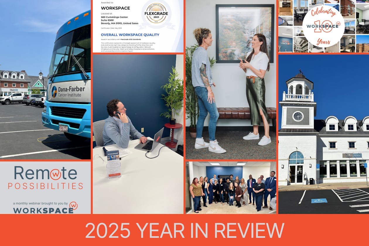 Collage of images highlighting different events from the past year at Workspace. One is of Justin at a conference table on the phone. One is of the Dana Farber cancer screeening van in the Work Station parking lot. One is of the group of attendees at Workspace Braintree for the Massachusetts Business Network networking event.