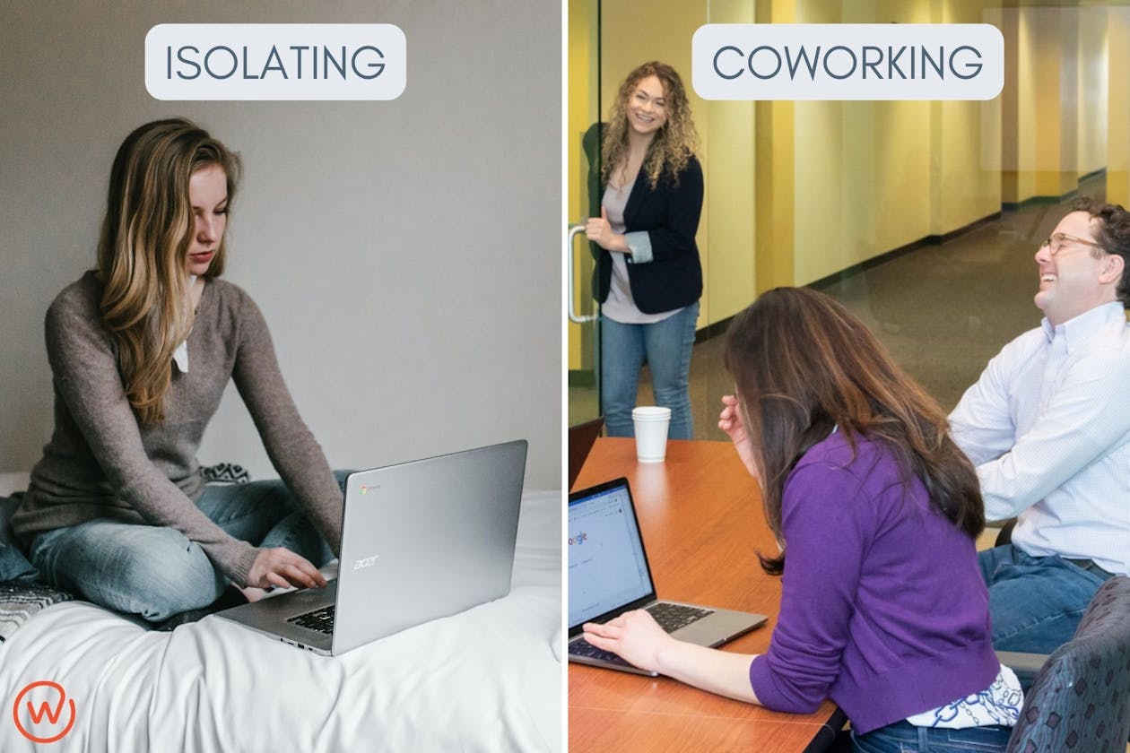 Split image: Left side is a woman sitting alone working on a computer with the word "Isolating" above her. Right side is an image of three people around a conference table laughing with the word "Coworking" above them.