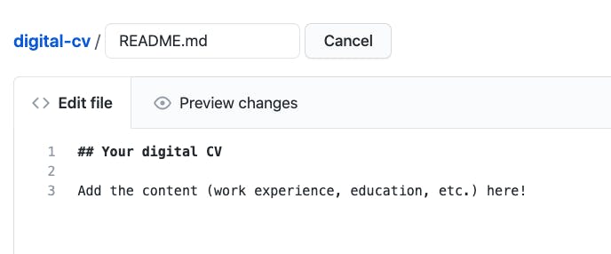 New file is now named README.md. The boilerplate content has been replaced by personal CV information.