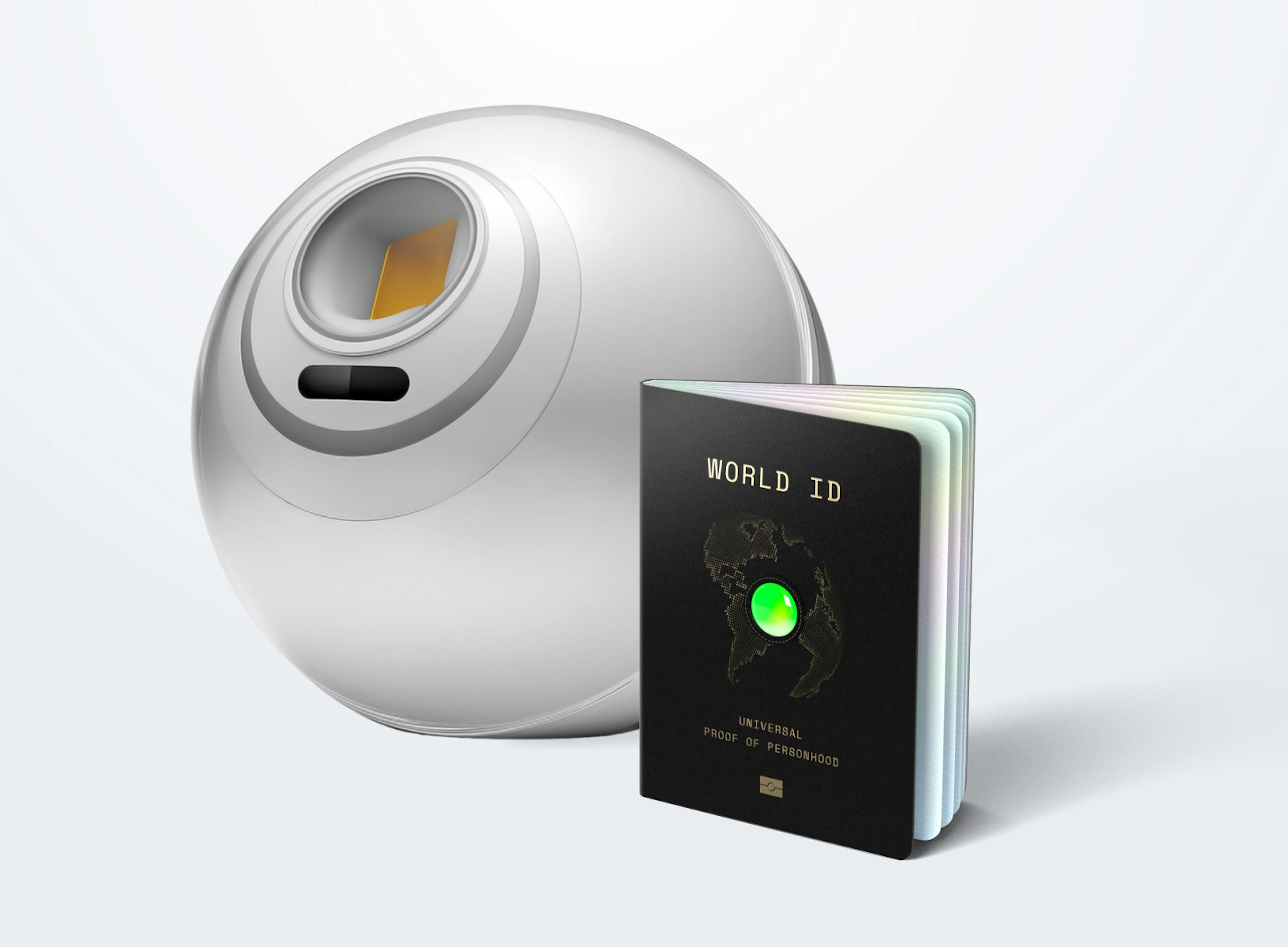 An Orb beside a World ID digital passport, symbolizing proof of personhood.