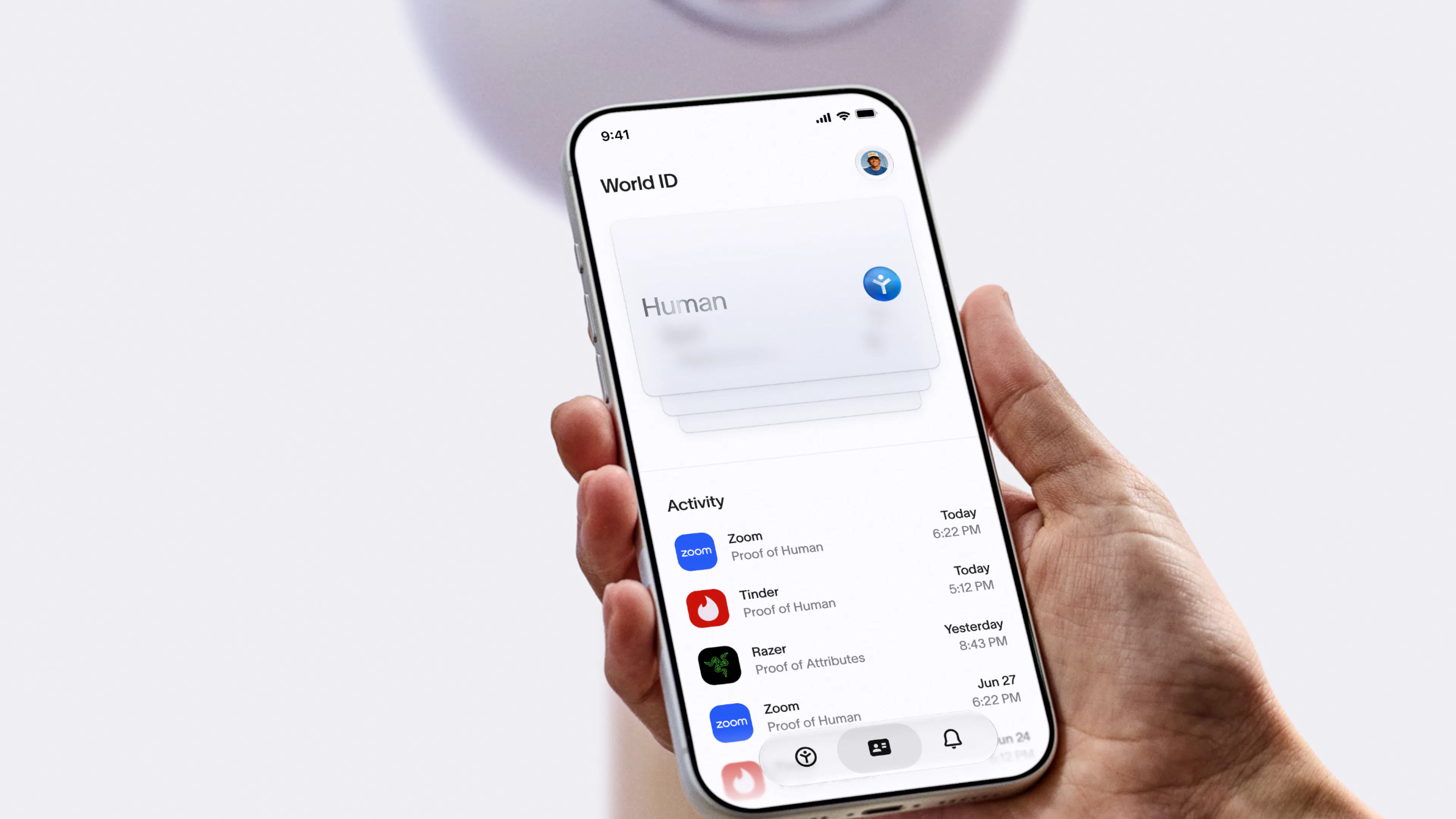 World ID app identity wallet displaying a Proof of Human on a phone