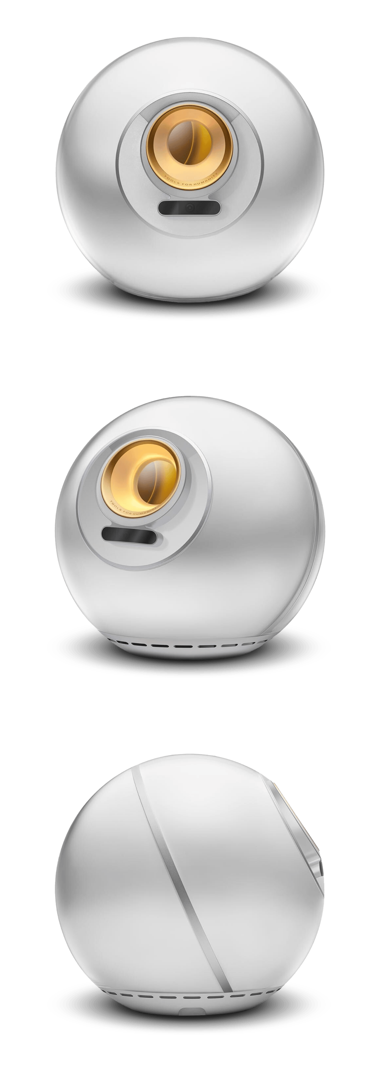 The Orb from World, a silver chrome spherical biometric verification device with a distinctive lens design, displayed from three different angles.