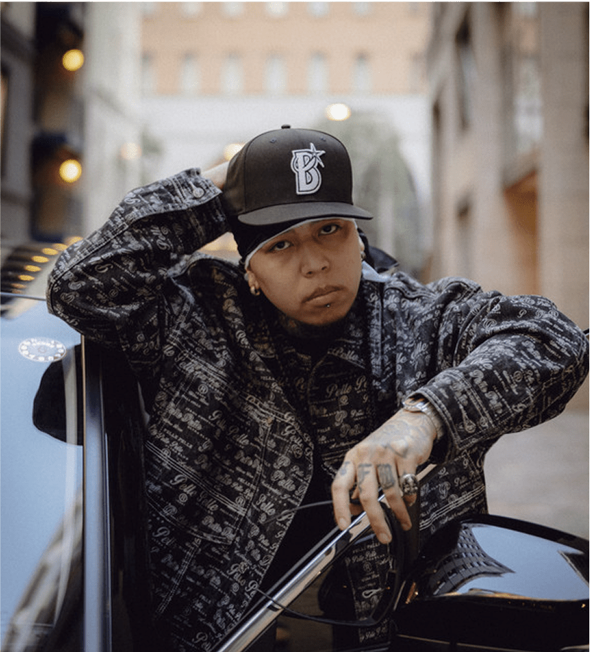 Musician ralph posing near a car in an urban setting, wearing a black cap and a patterned jacket, showcasing a stylish aesthetic.