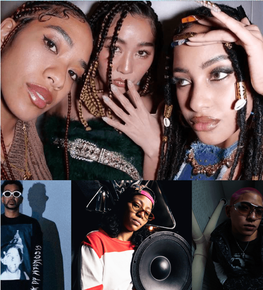 Three women posing together with braided hairstyles, adorned in stylish outfits. The image also features individual portraits, including a DJ with a large speaker, emphasizing a vibrant music scene.