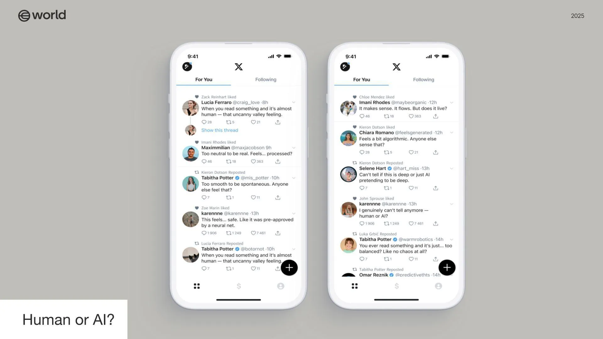 Screenshots of the World App interface showing social media posts and interactions
