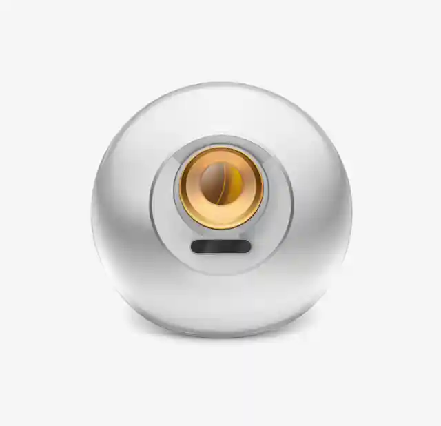 Close-up of the Orb, a chrome spherical device with a circular verification lens at the front.