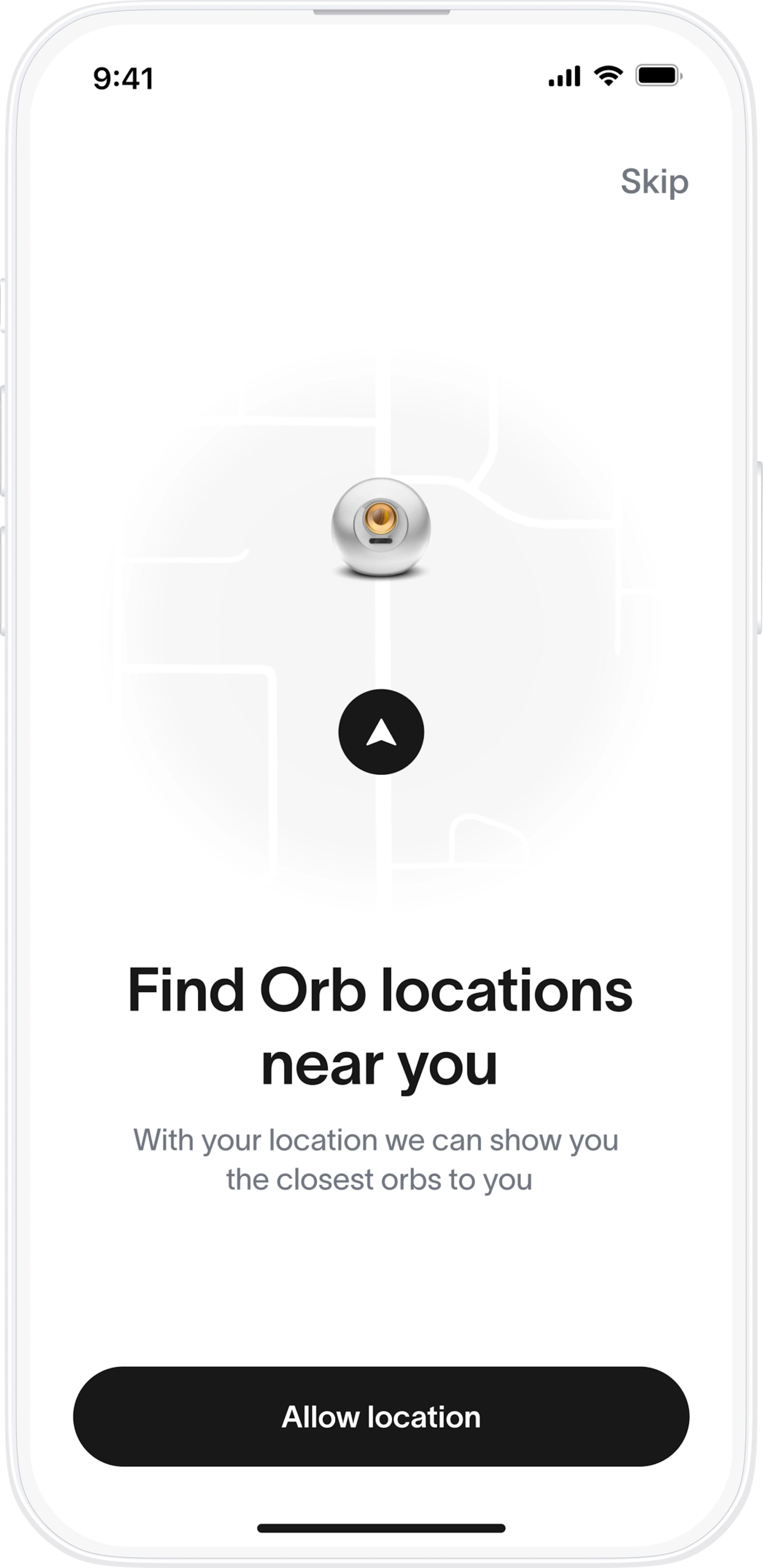 Screenshot of the World App showing a map feature to find nearby Orb locations, with an option to allow location access.