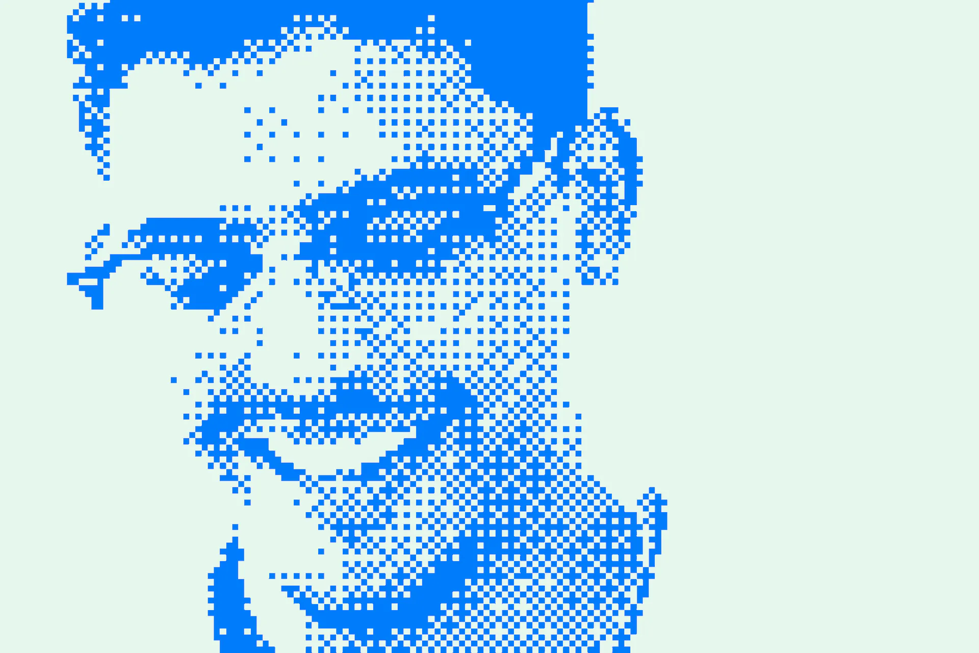 Pixelated blue portrait of a smiling person against a light background.