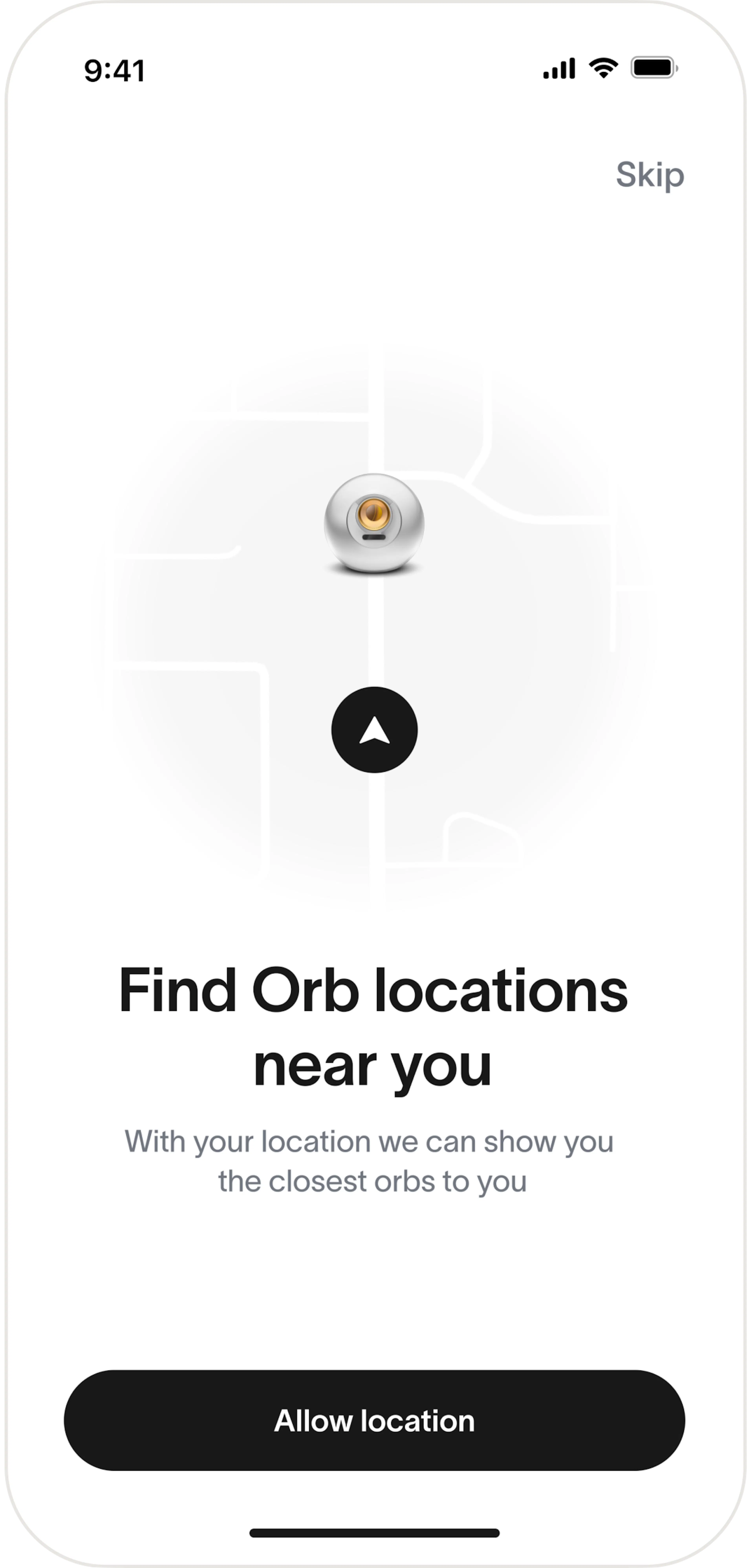 Screen displaying a prompt to find nearby Orb locations, featuring an Orb icon and location services option. App interface invites users to allow location access.