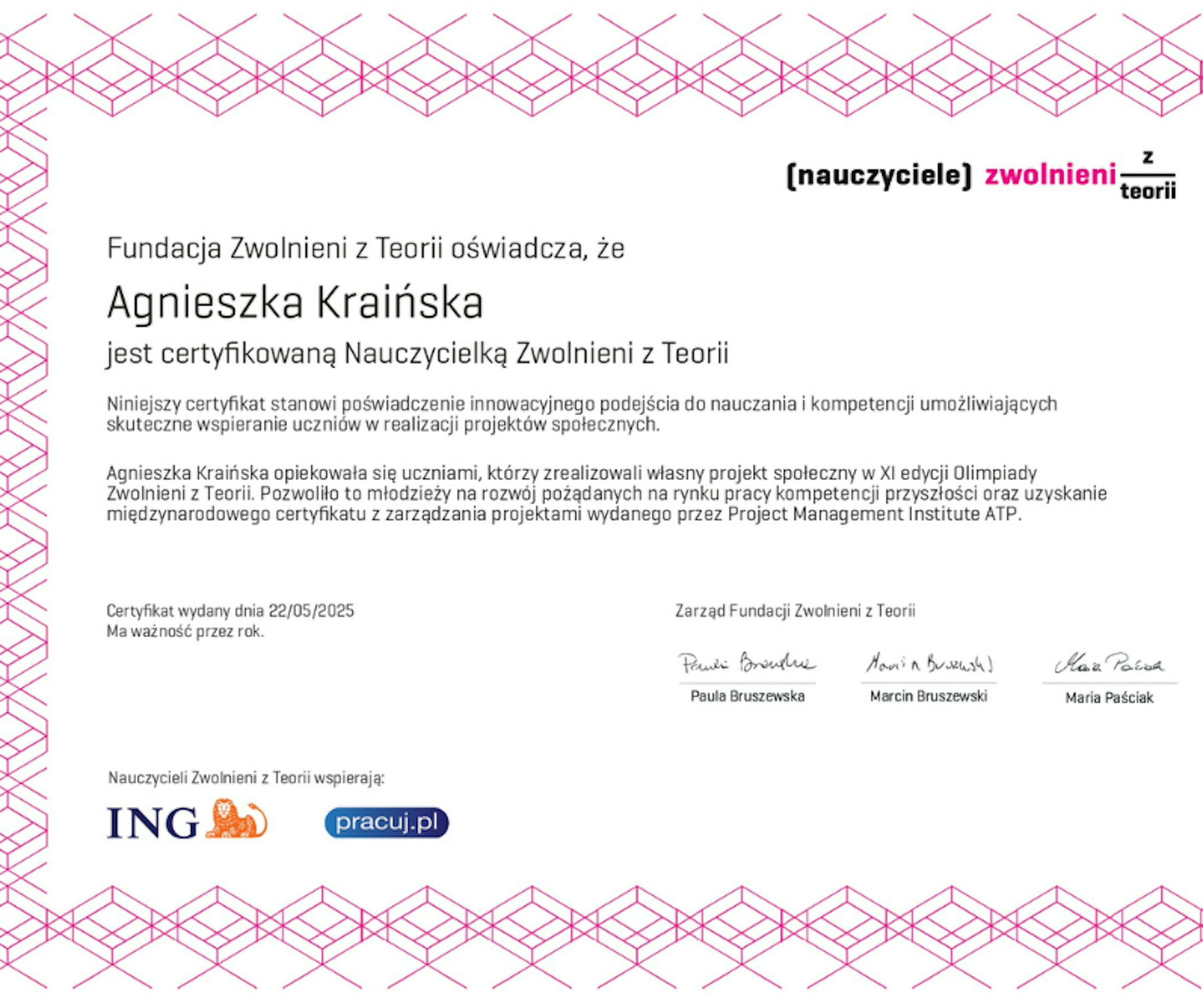 Certyfikat Zwolnieni z Teorii