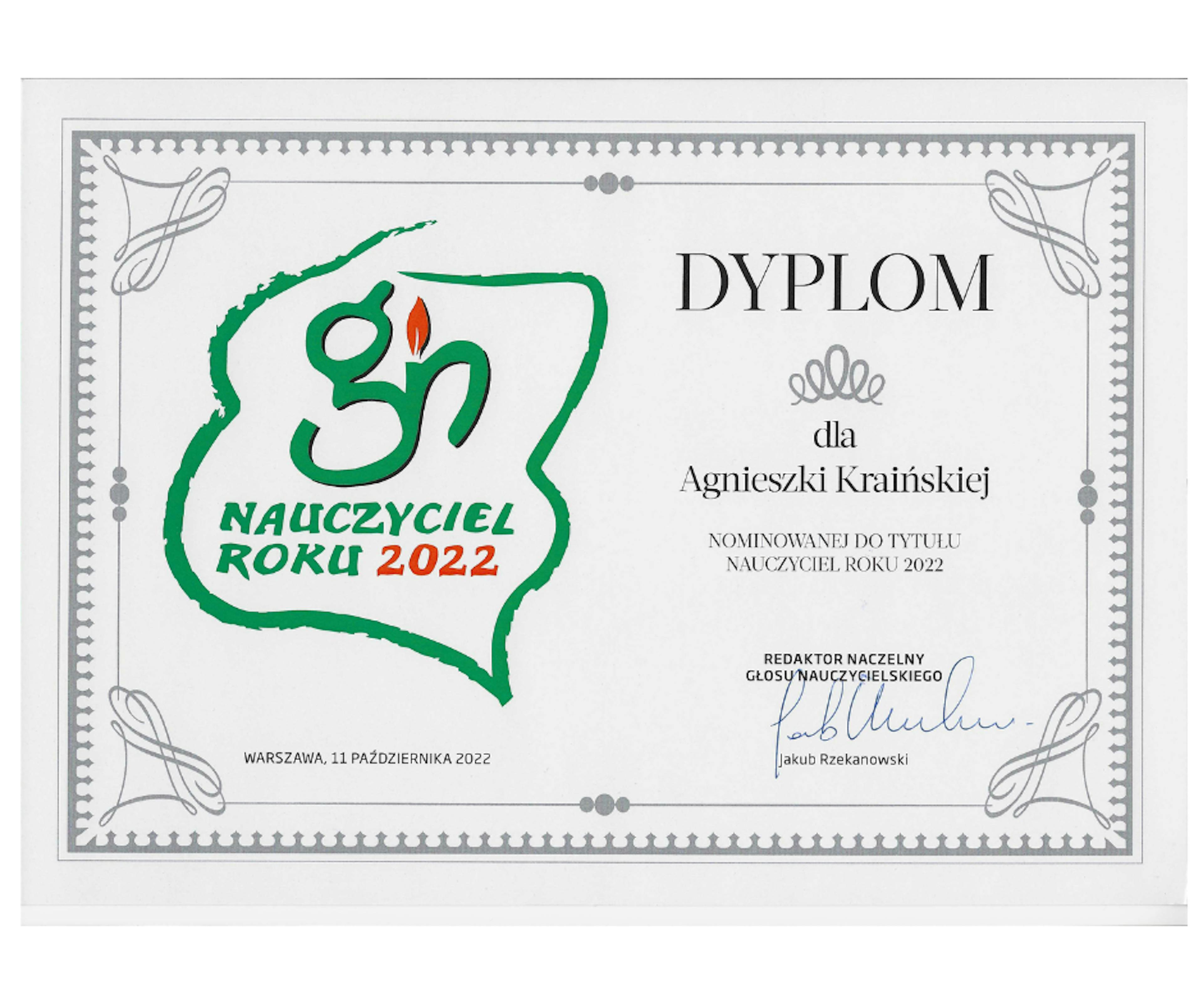 Dyplom Nauczyciel Roku