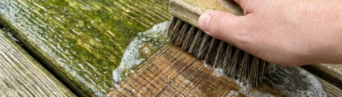 Groene aanslag verwijderen op hout met een borstel