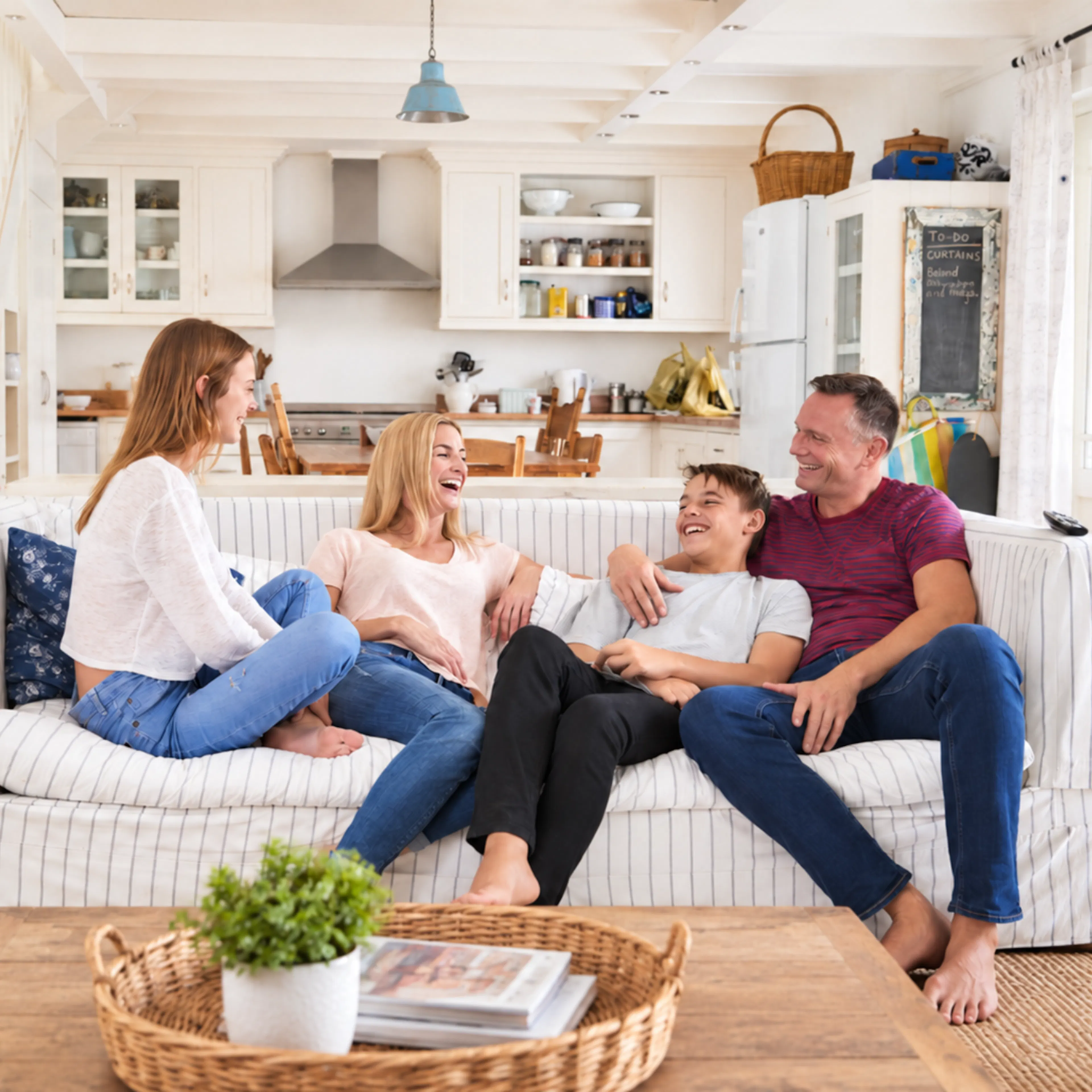 Family of four laughing together on a couch in their kitchen, enjoying screen-free time and reconnecting in real life