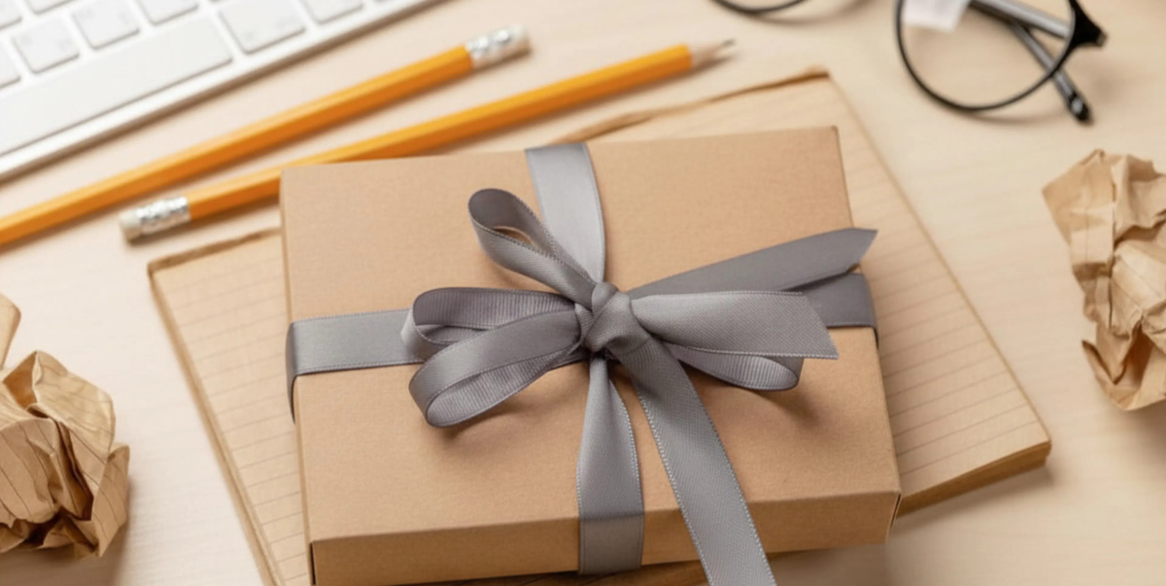 Co-worker gift on desk surrounded by keyboard, pencils and reading glasses 