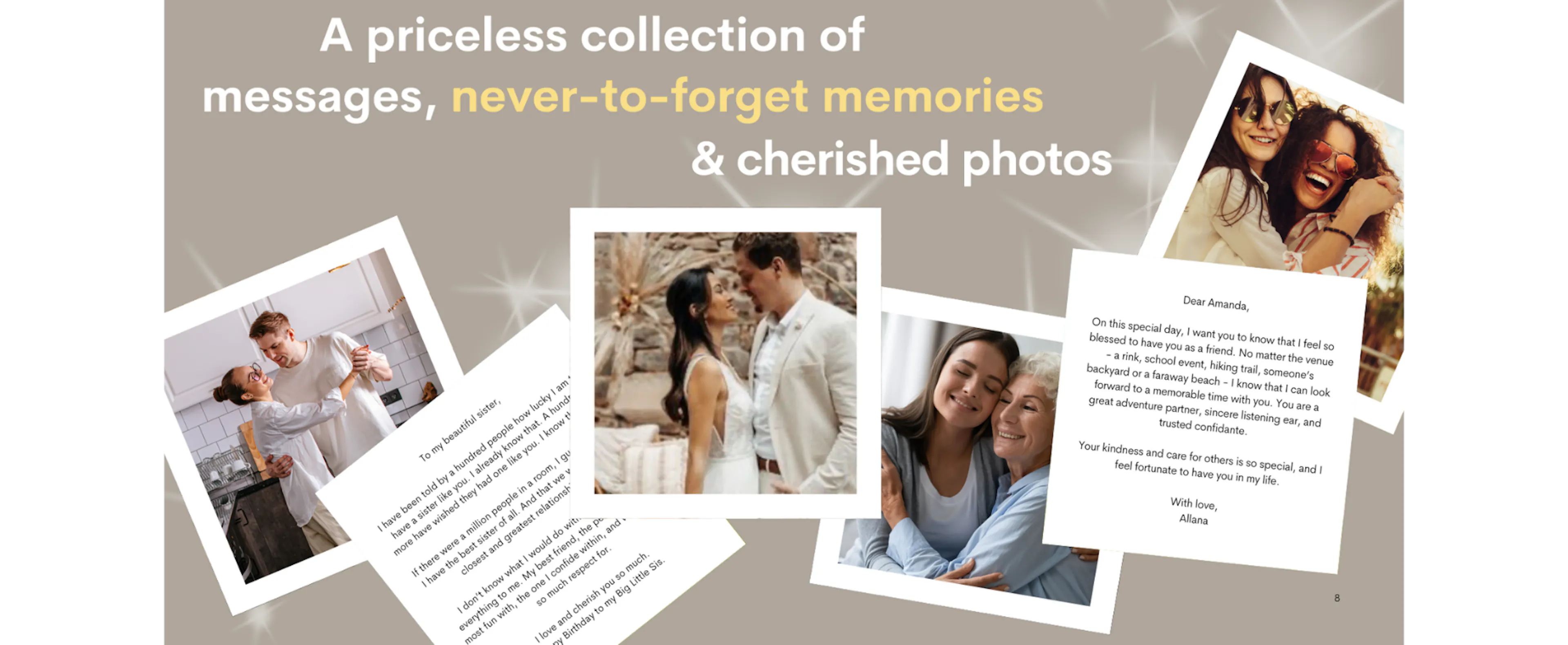 Heartfelt Woxbox messages and photos displayed with the title "A priceless collection of messages, never-to-forget memories & cherished photos"