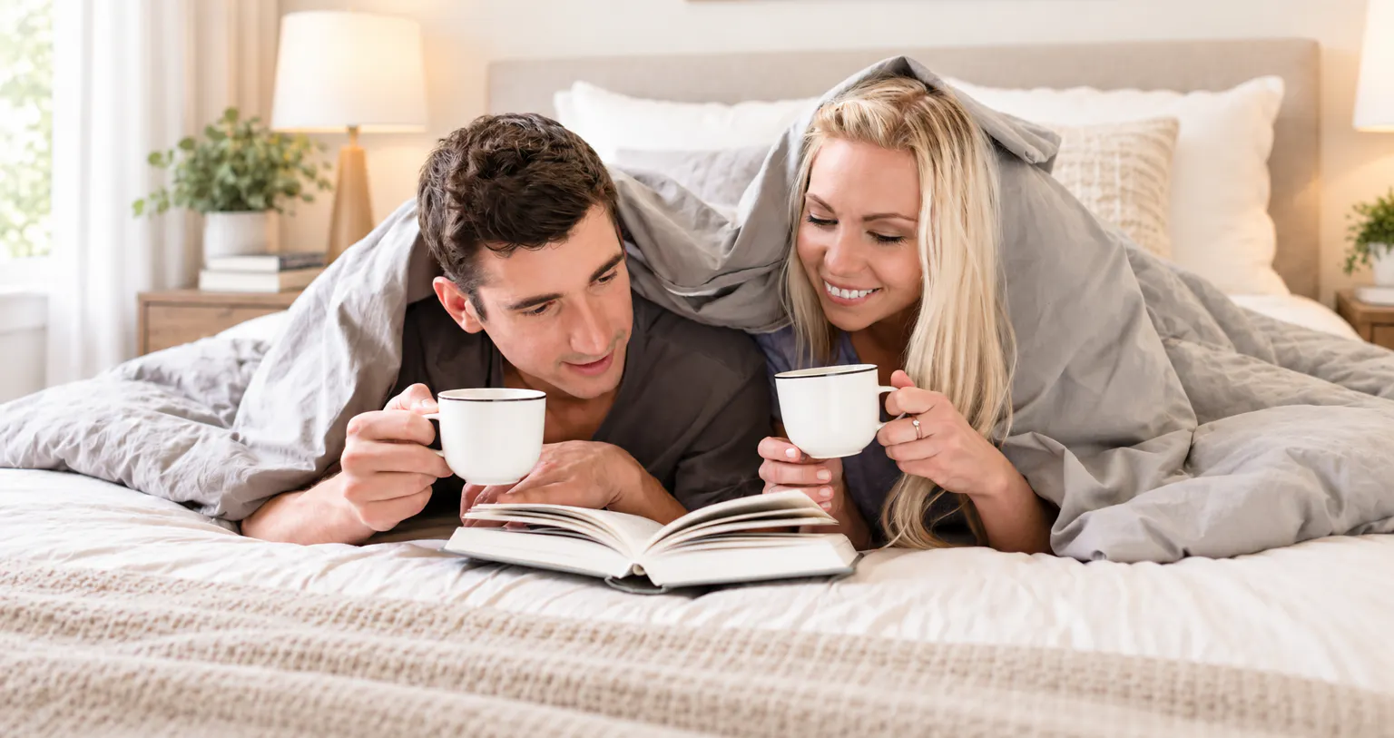 Couple sharing coffee and reading a book together in bed, starting their morning screen-free as part of a digital detox