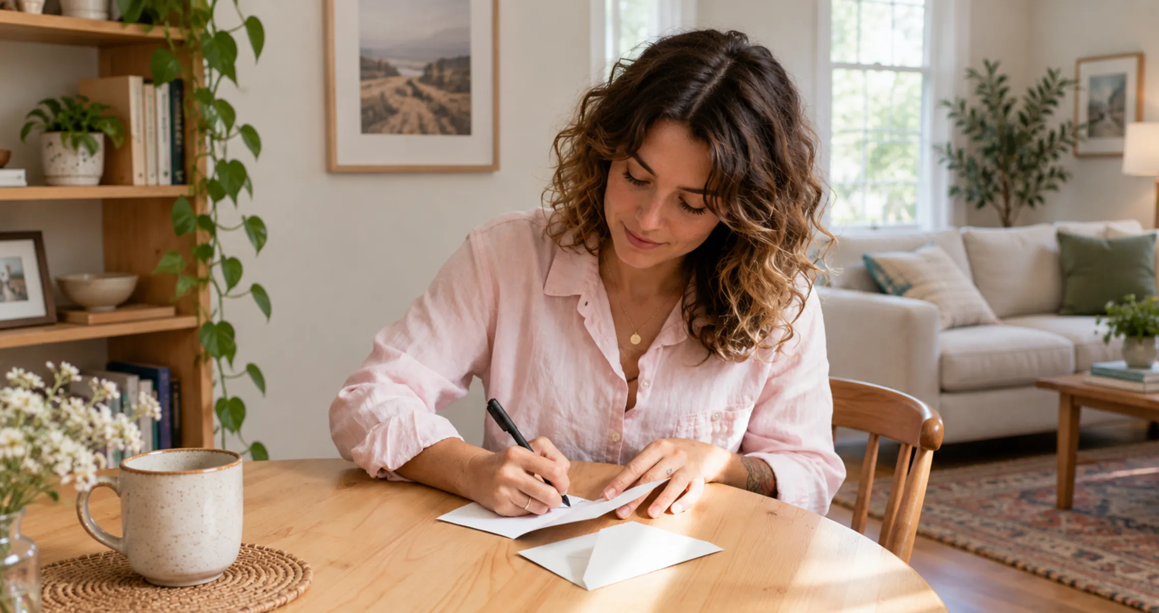 Woman writing an encouraging new chapter card at a sunny kitchen table, finding the right words for someone starting over