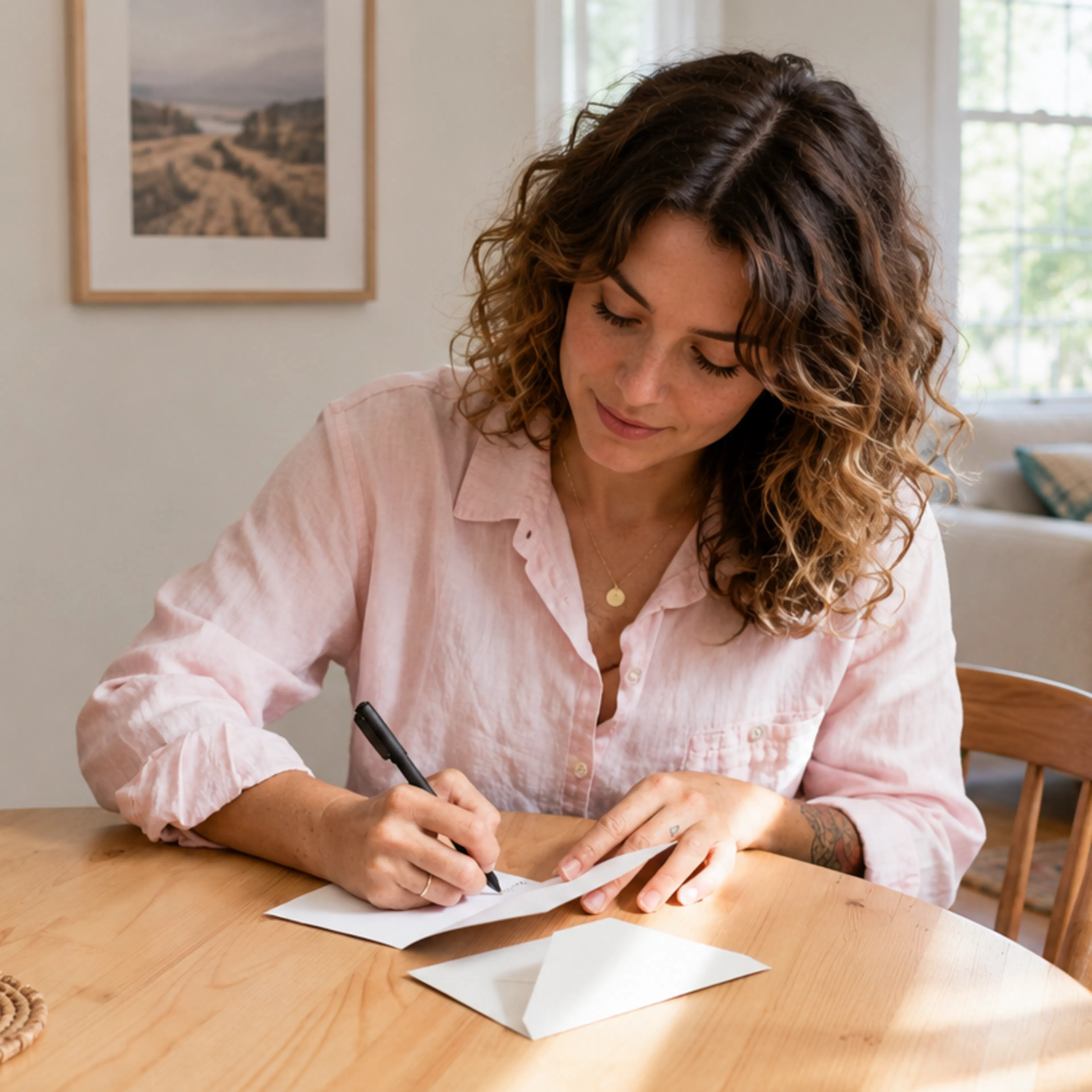 Woman writing an encouraging new chapter card at a sunny kitchen table, finding the right words for someone starting over
