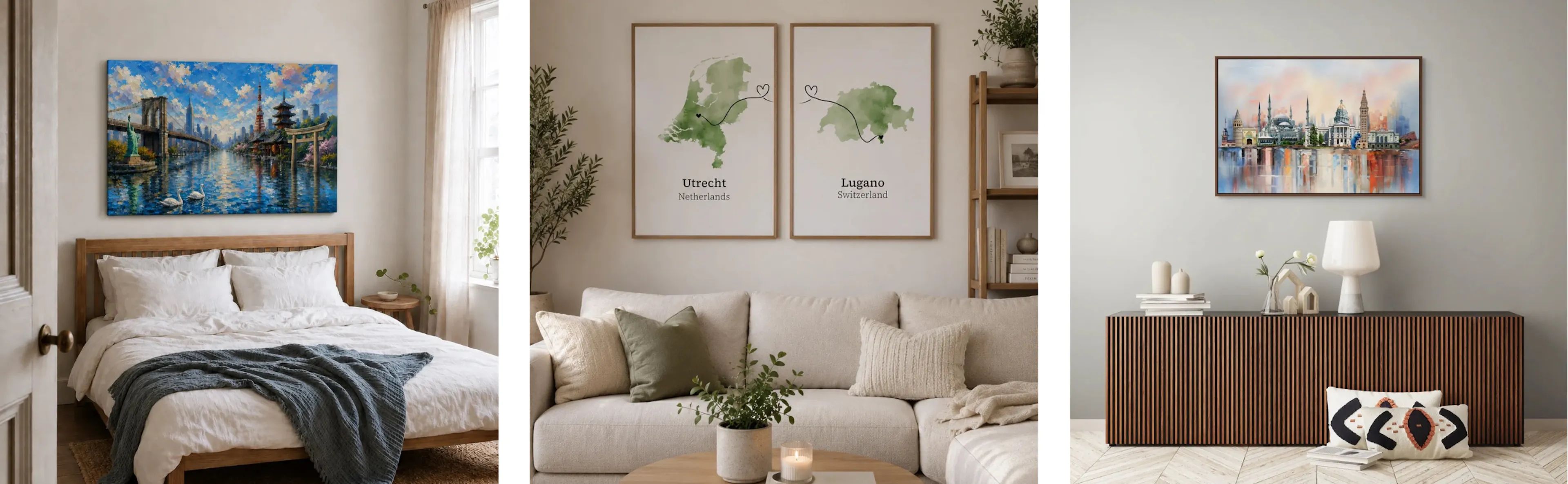Custom two-city skyline canvas and map prints displayed in a bedroom, living room and above a sideboard, a meaningful long-distance relationship gift