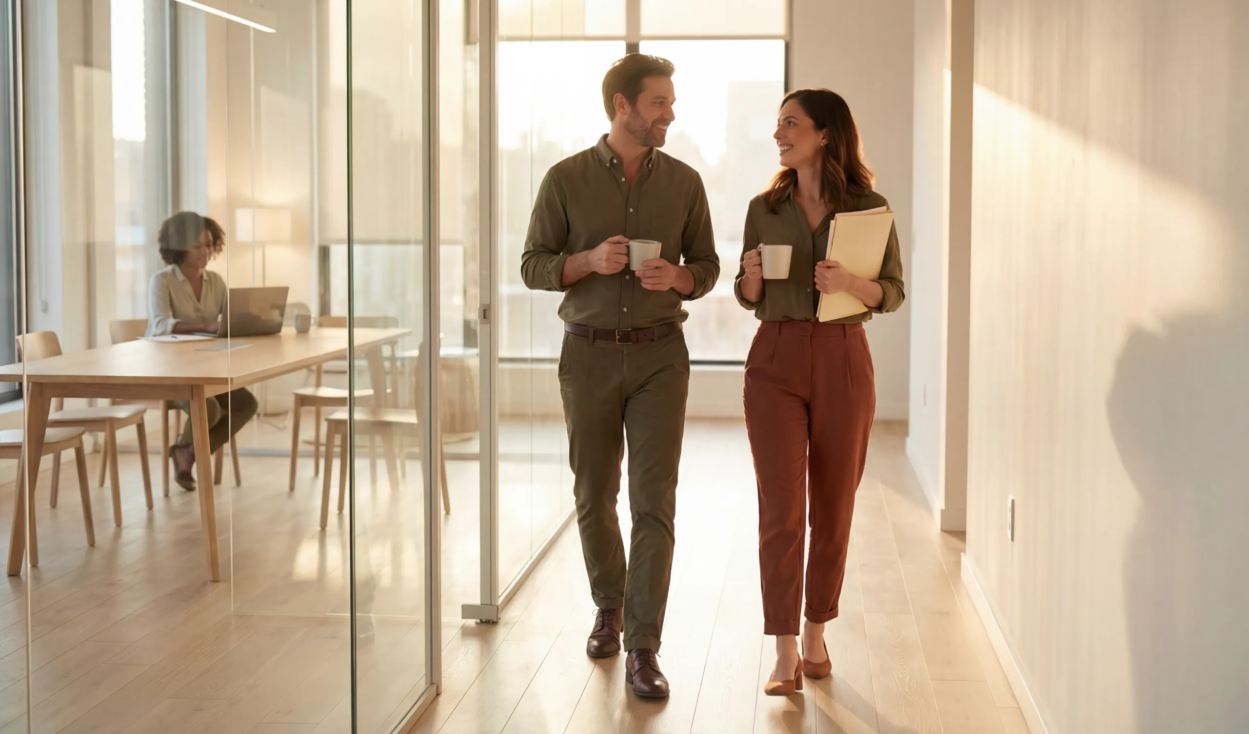 Two coworkers chatting and smiling as they walk down a bright office hallway holding coffee
