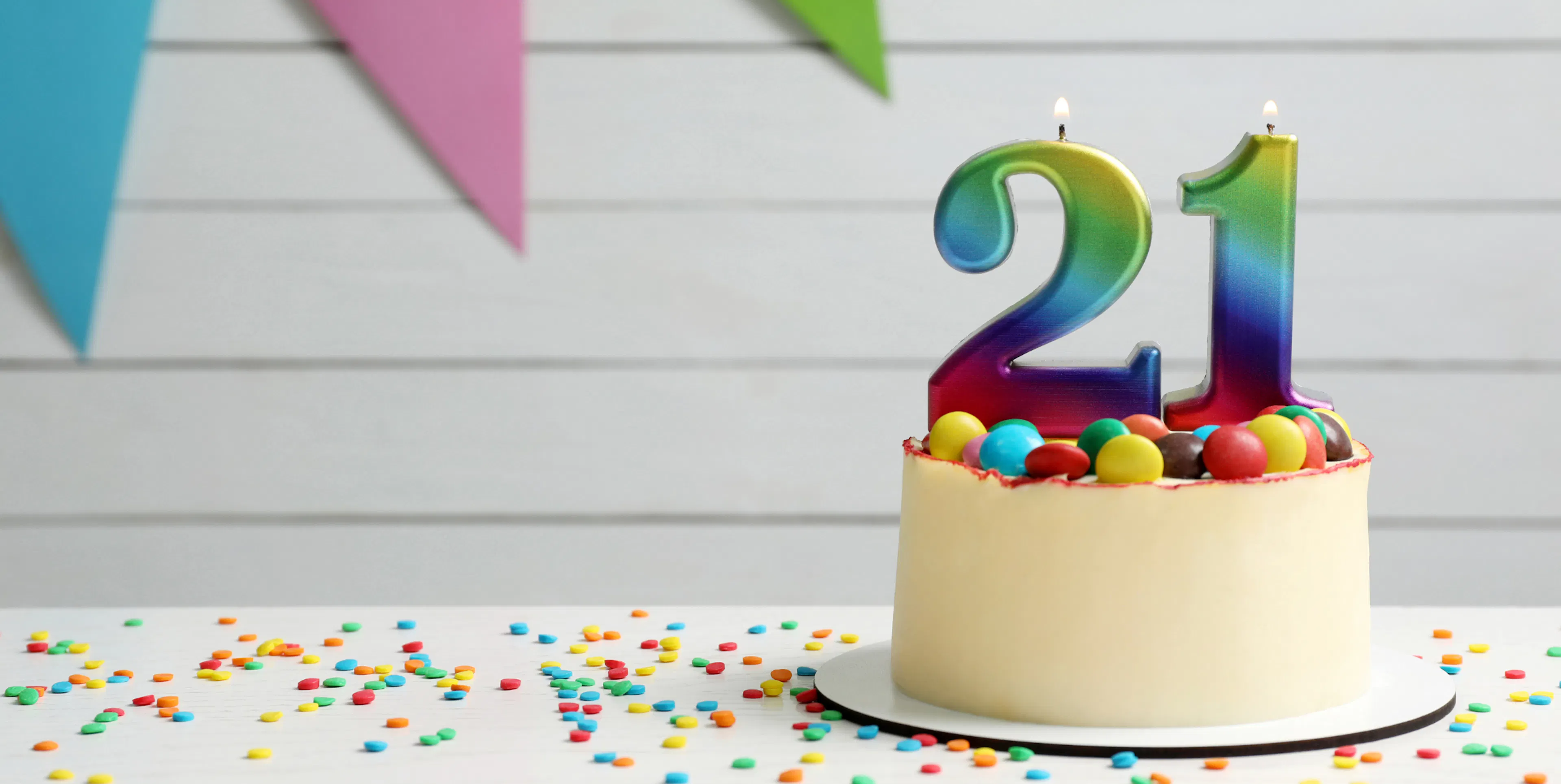Birthday cake with 21 candles and decorations