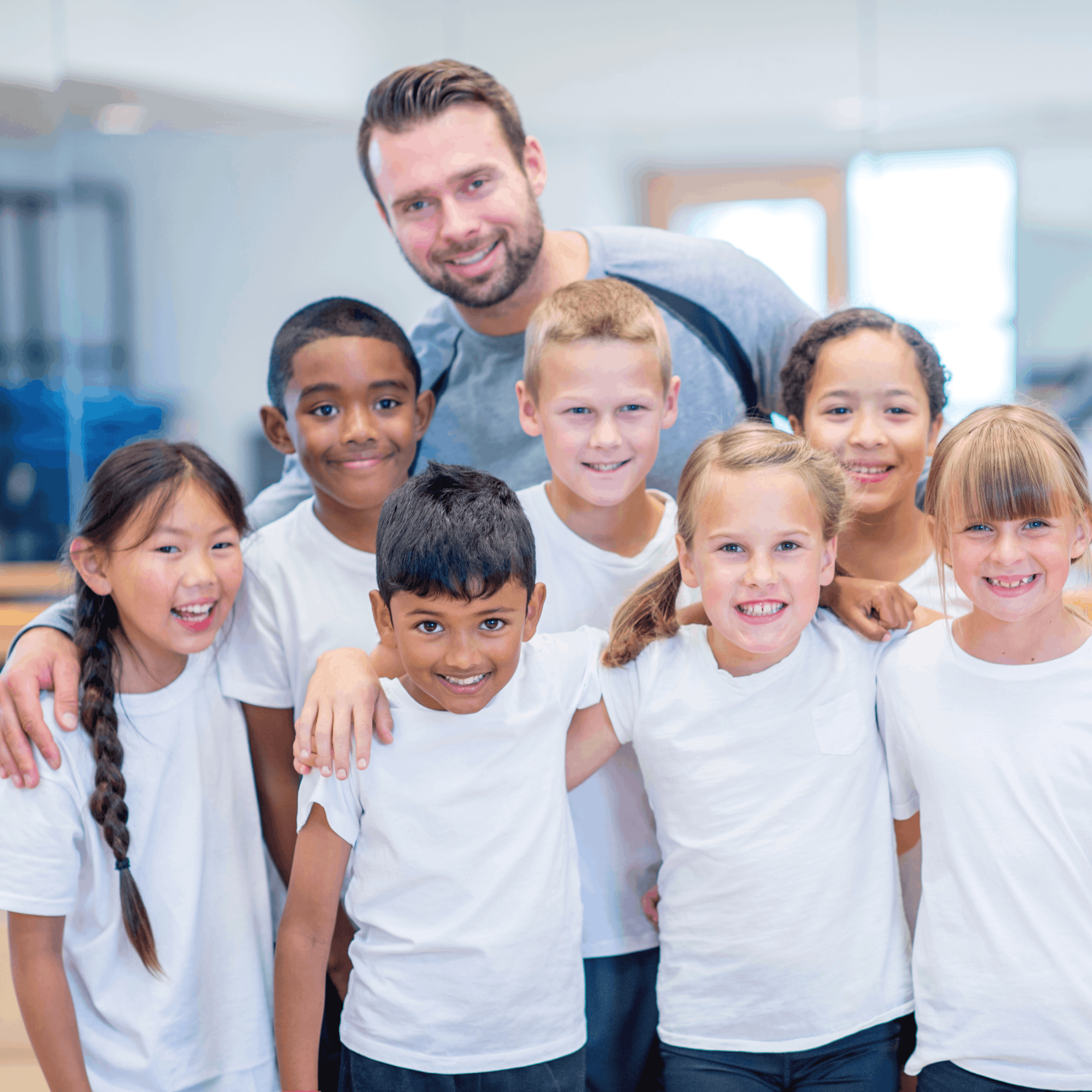 Students and classmates smiling with their favorite teacher, by Woxbox Gift