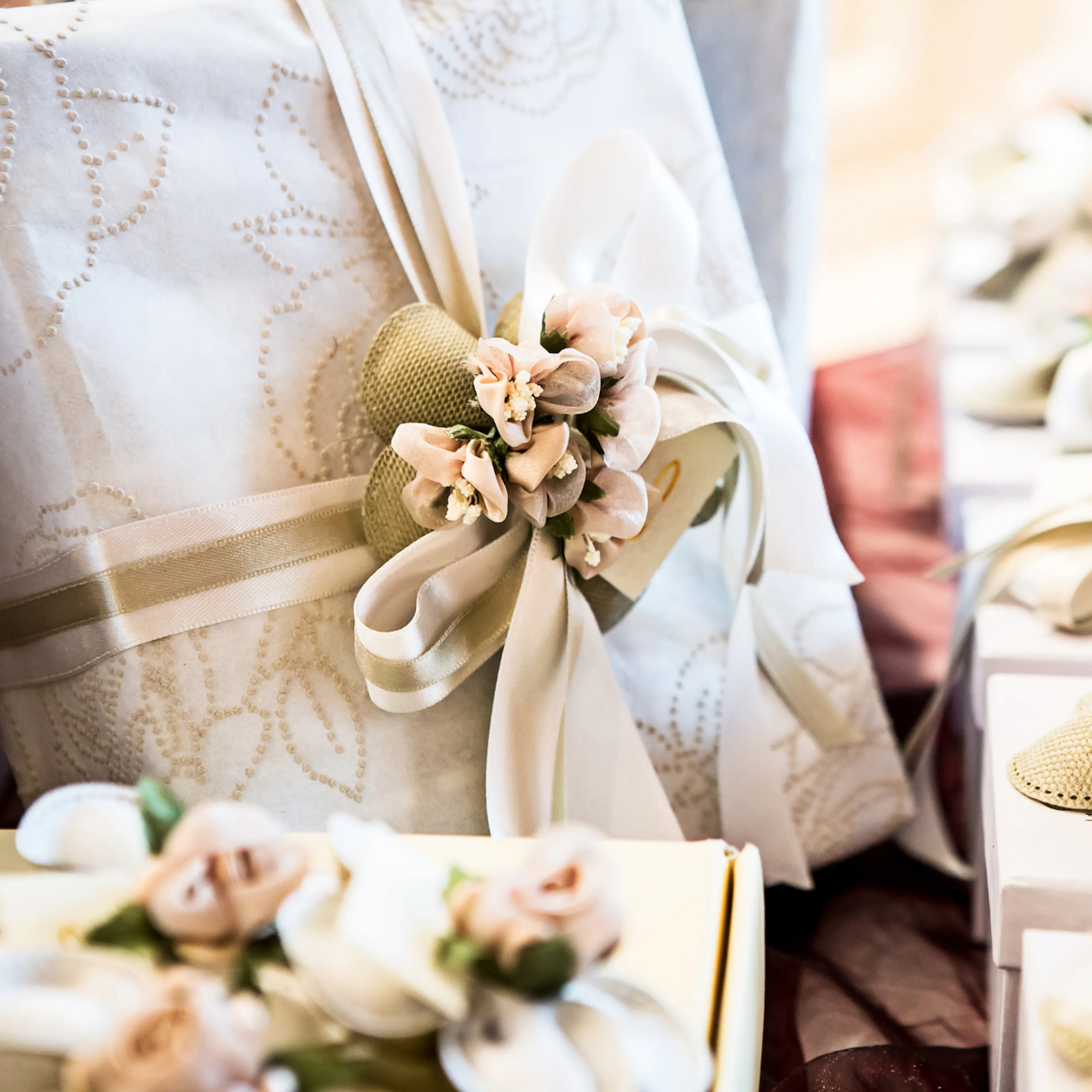 Beautiful wedding gift from best friend wrapped in beautiful paper, representing thoughtful gift-giving