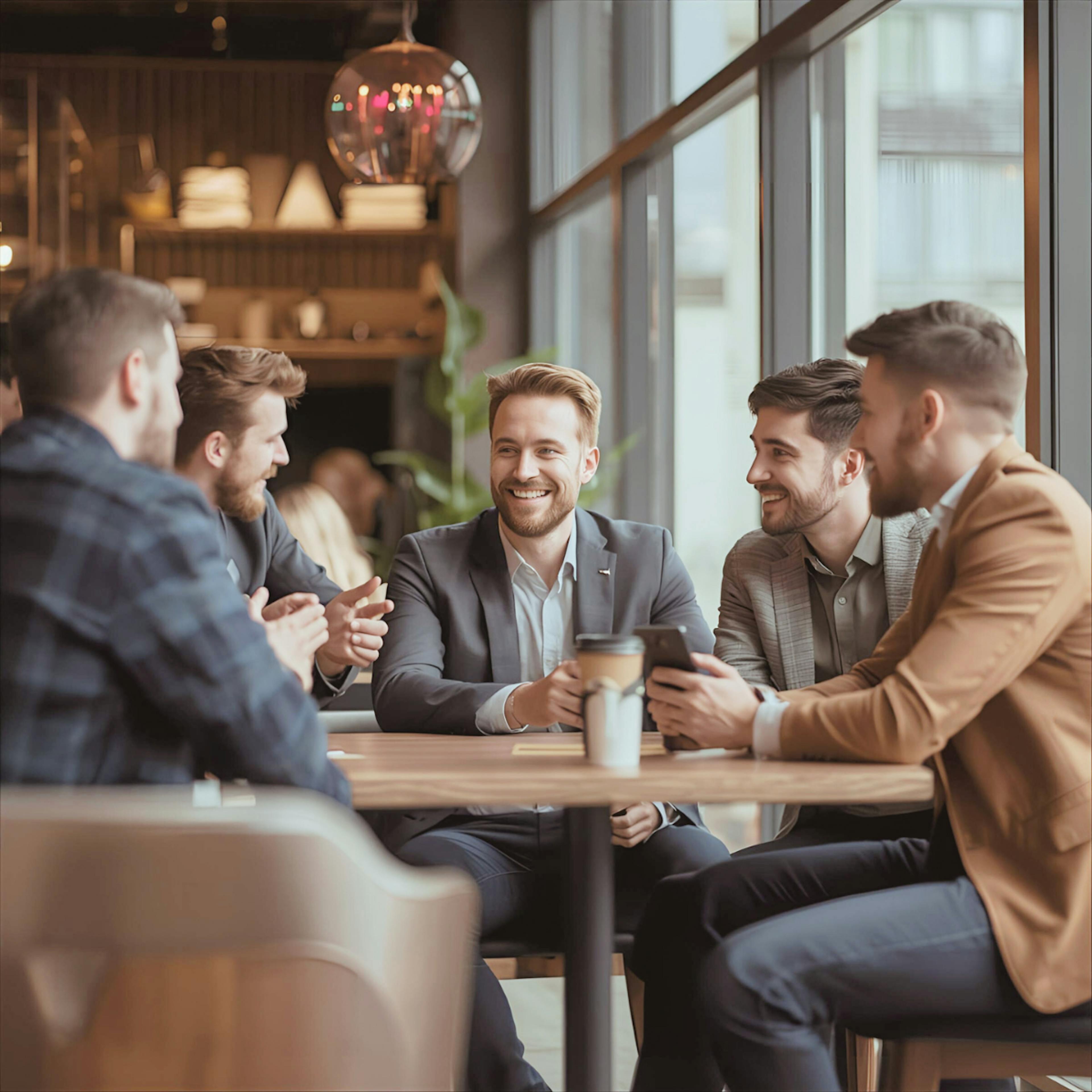 Group of men sitting having coffee at a restaurant listening to each other.  The guy in the center is smiling and the other guys are all looking at him with smiles. 