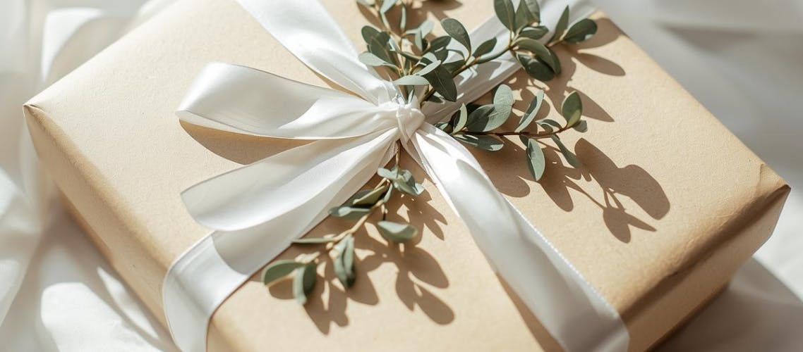 Beautifully wrapped wedding gift with white ribbon and eucalyptus greenery