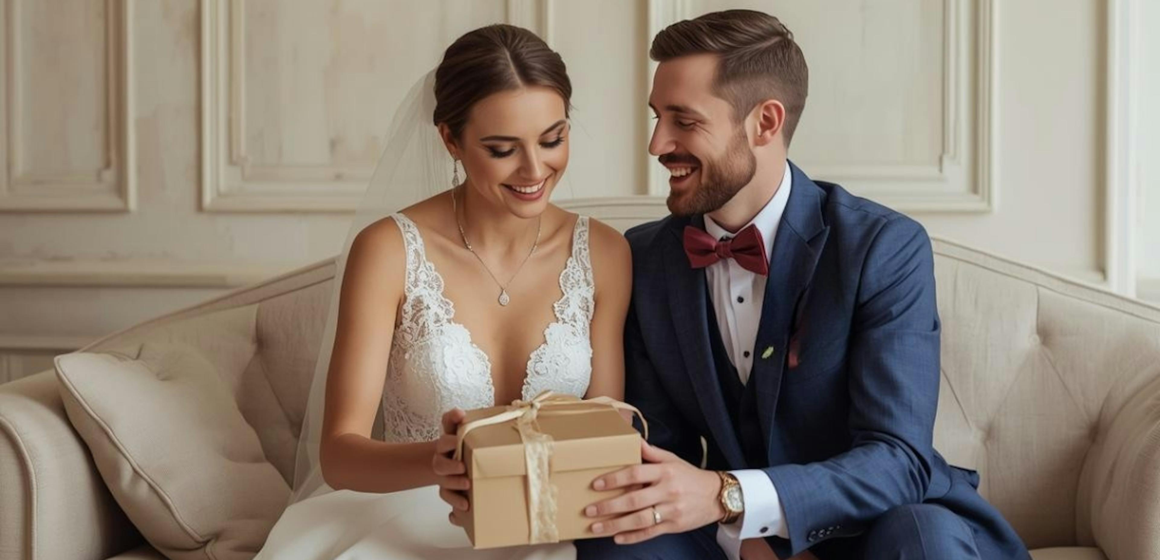 Bride and Groom sitting on couch holding present she is about to open.  They are both smiling