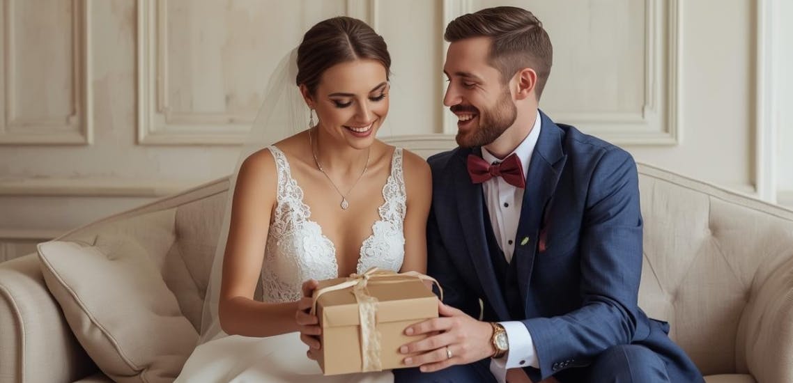 Bride and Groom sitting on couch holding present she is about to open. They are both smiling