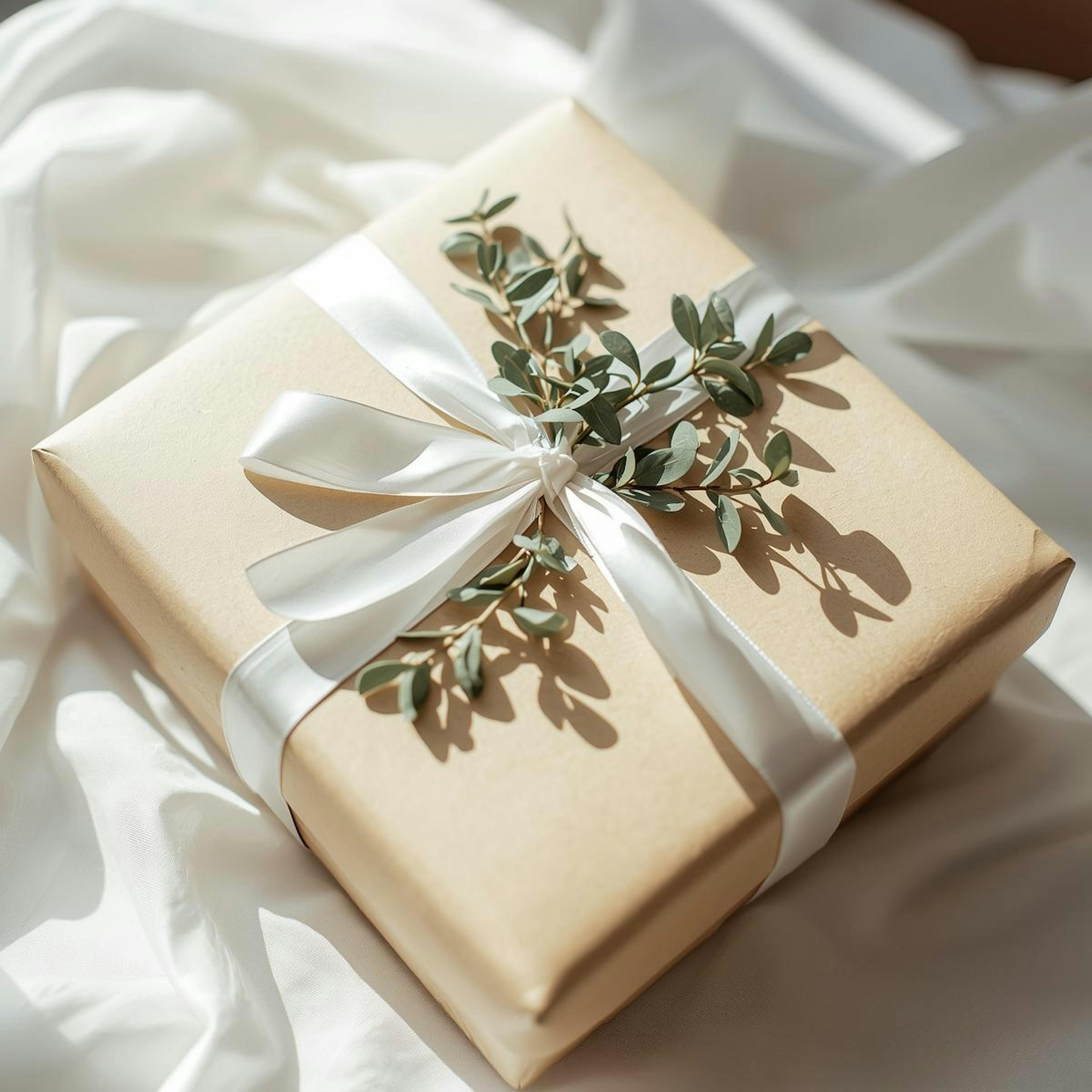 Elegantly wrapped wedding gift with white ribbon and eucylptus 