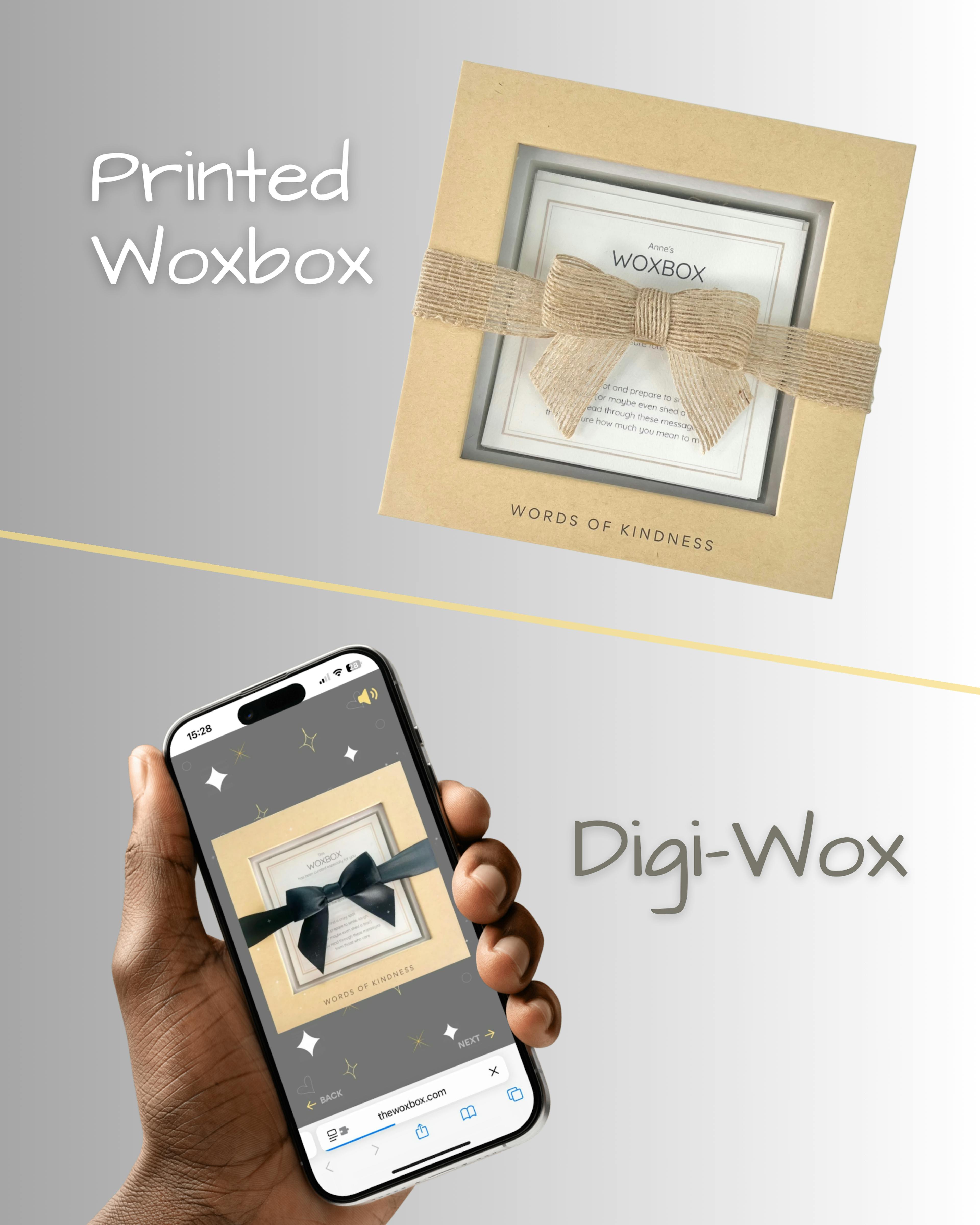 Printed Woxbox filled with personal messages and Digi-Wox on mobile phone