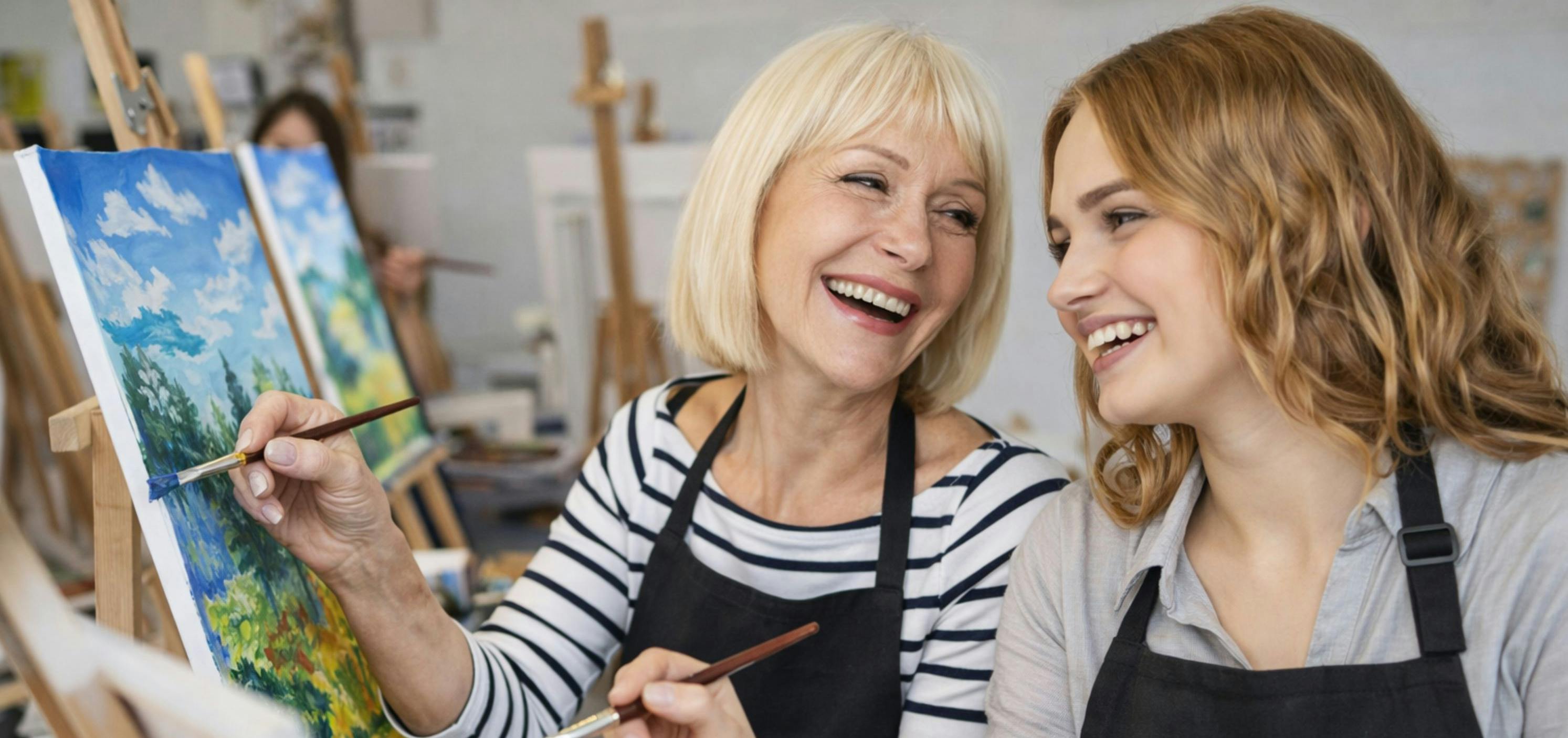 Mother and daughter taking a painting class together, representing a meaningful Mother's Day gift that shows you see her and value your time together