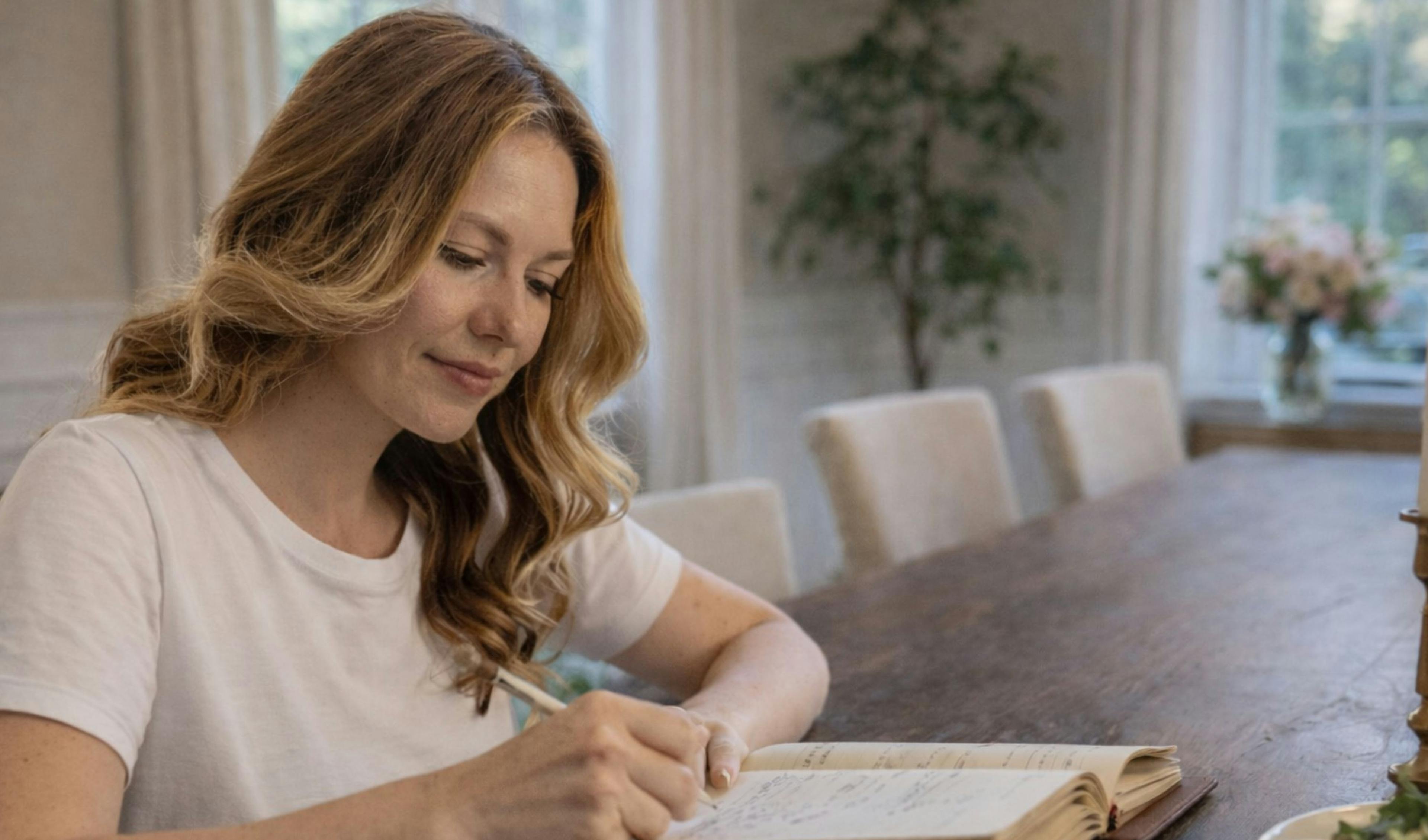 Woman writing in her journal about all the reasons she loves someone