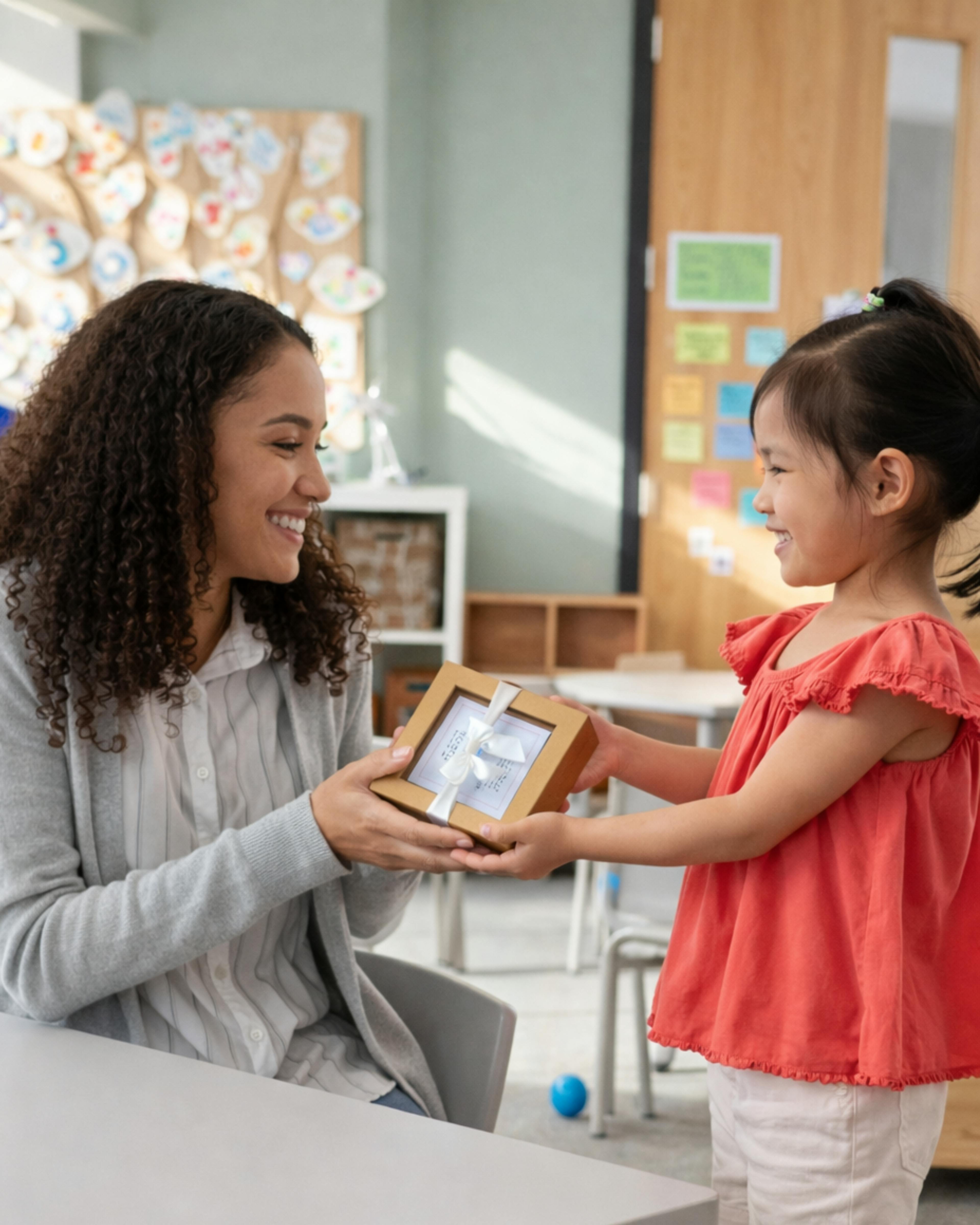Student handing her teacher an appreciation gift at the end of a school year