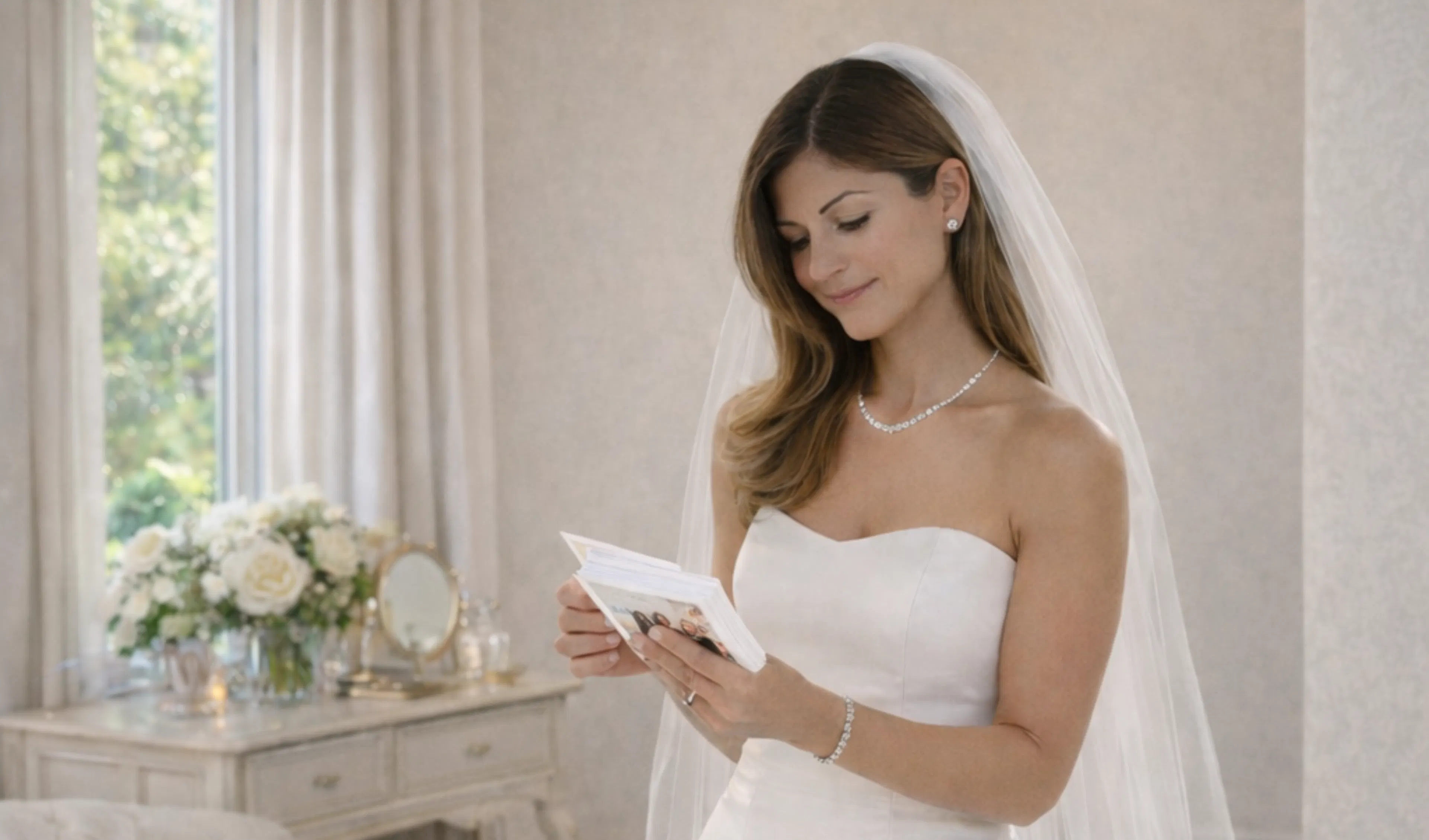 Bride reading Woxbox messages and photos from guests on her wedding day