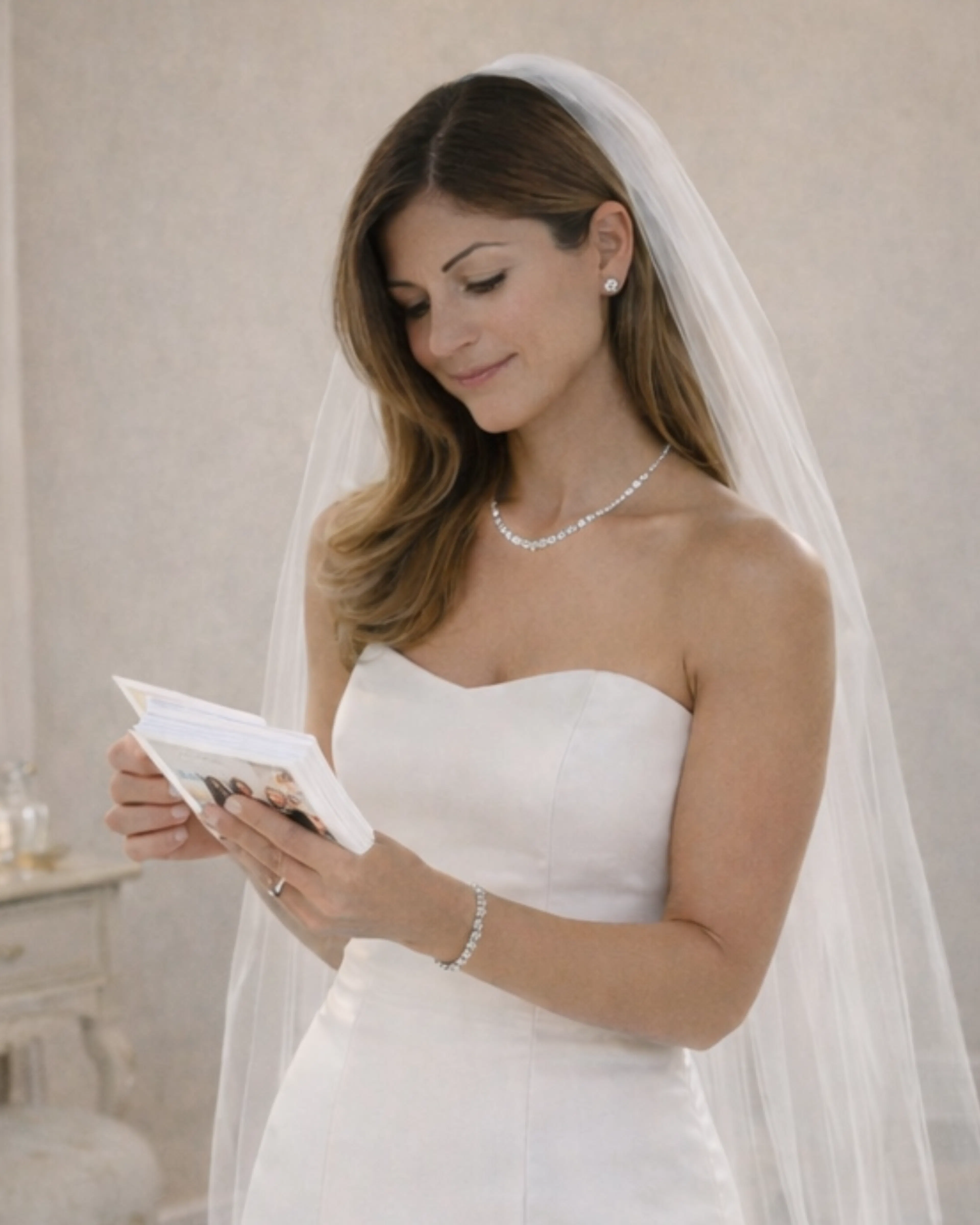 Bride reading Woxbox messages and photos from guests on her wedding day