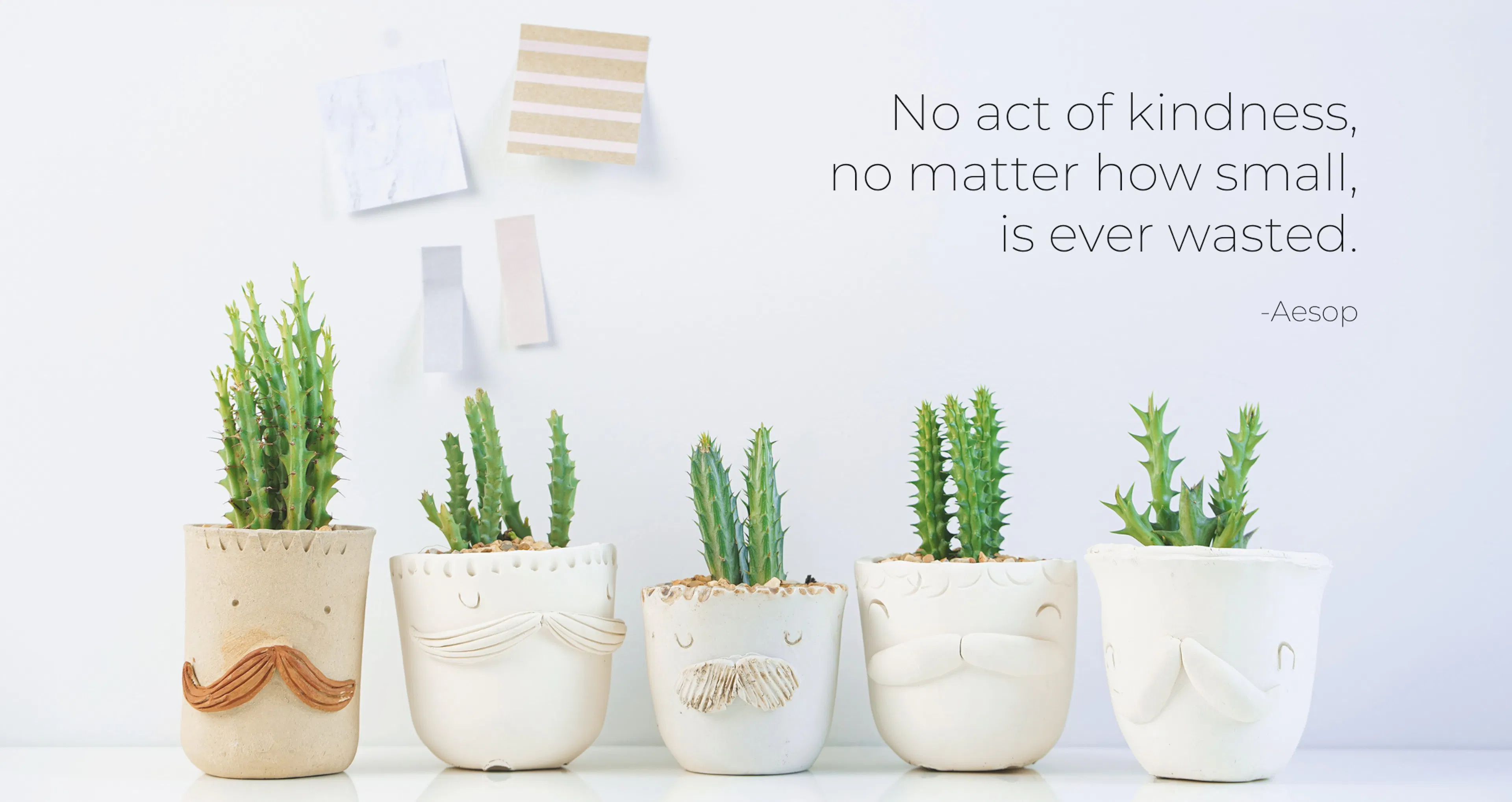 Inspirational quote by Aesop reading "No act of kindness, no matter how small, is ever wasted," displayed on a background with cacti in funny planter pots, representing kindness even when it's difficult